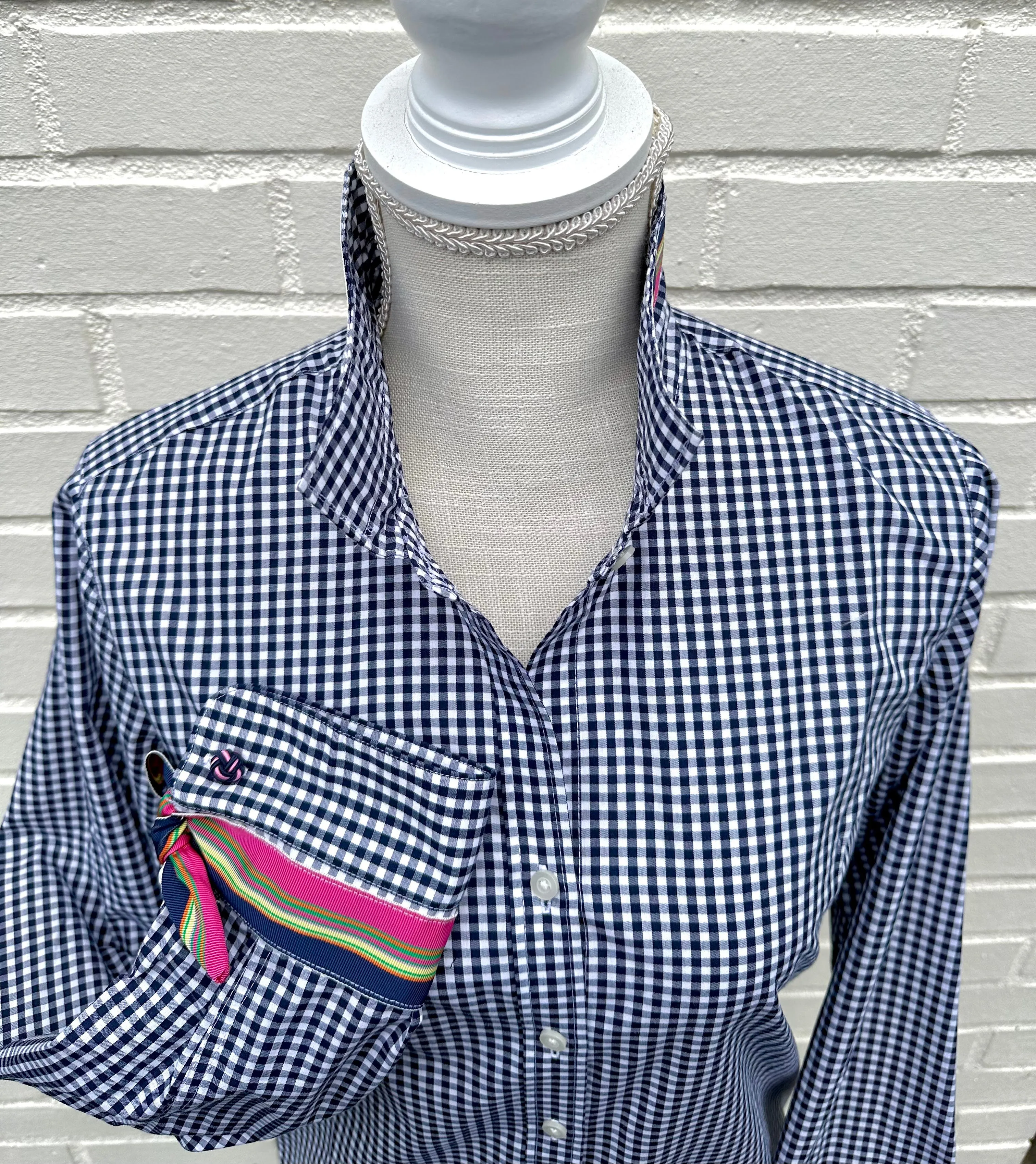 Audrey Navy Gingham Ribbon French Cuff Shirt (RFC34)
