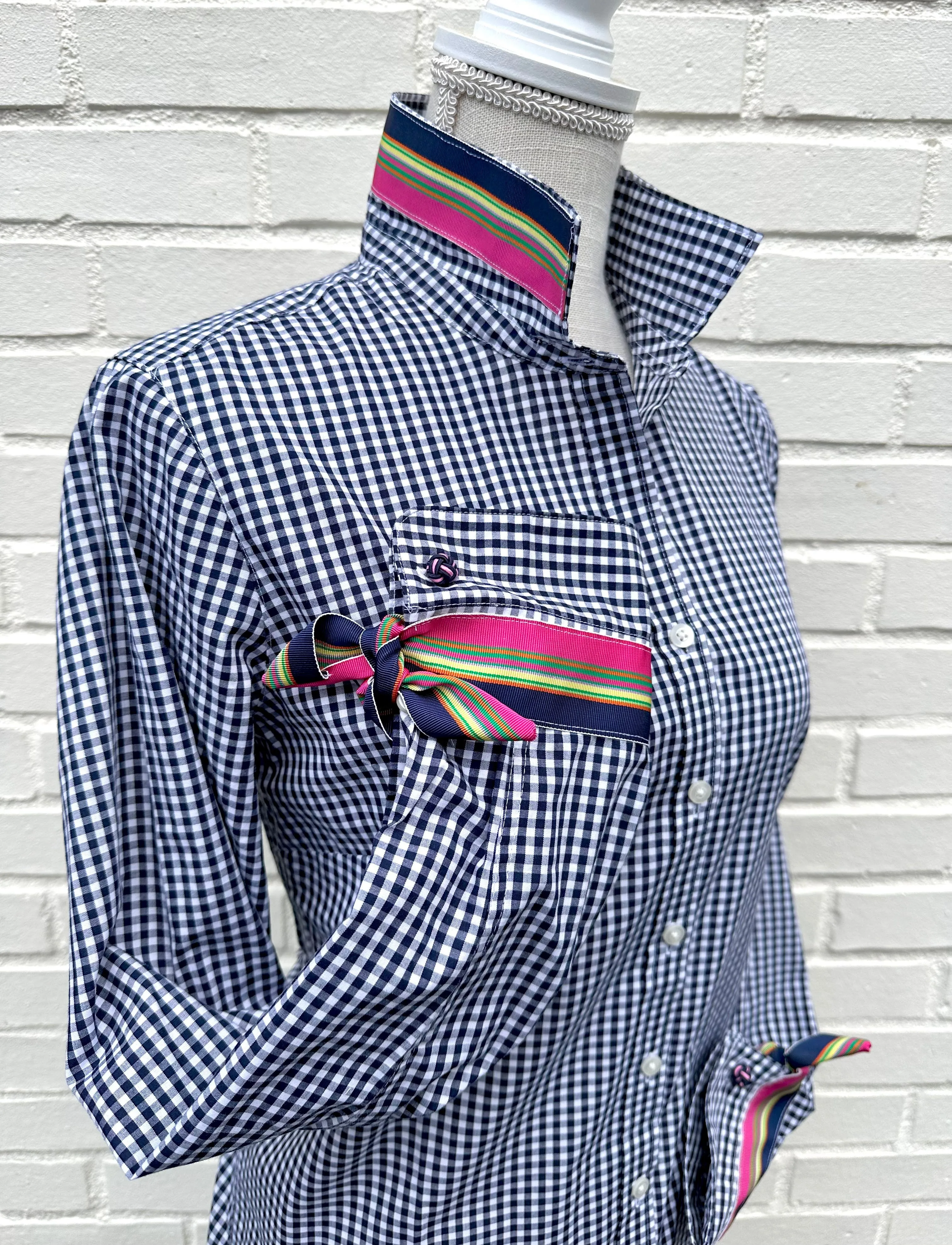 Audrey Navy Gingham Ribbon French Cuff Shirt (RFC34)
