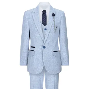 Boys 3 Piece Check Suit Tweed Light Blue Tailored Fit Wedding Peaky Classic