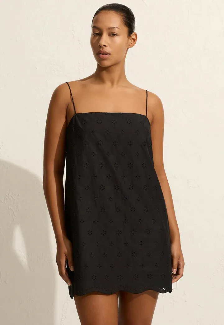 BRODERIE SHIFT MINI DRESS - BLACK