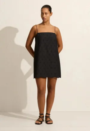 BRODERIE SHIFT MINI DRESS - BLACK