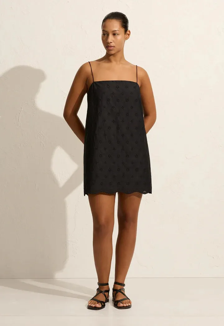BRODERIE SHIFT MINI DRESS - BLACK