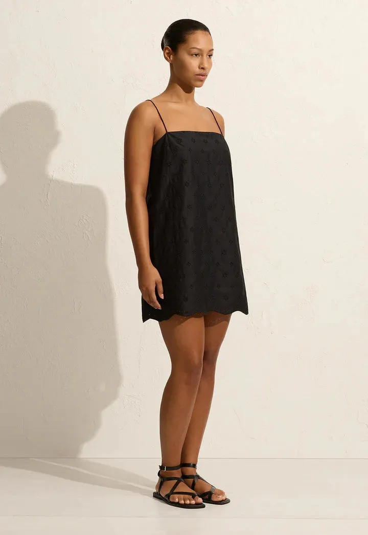 BRODERIE SHIFT MINI DRESS - BLACK
