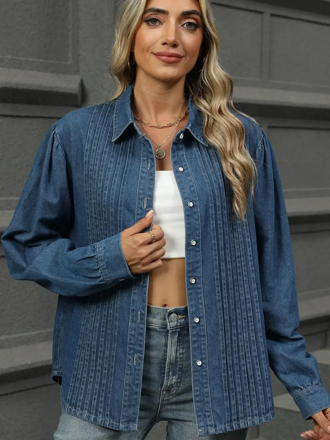 Button Down Collared Long Denim Top