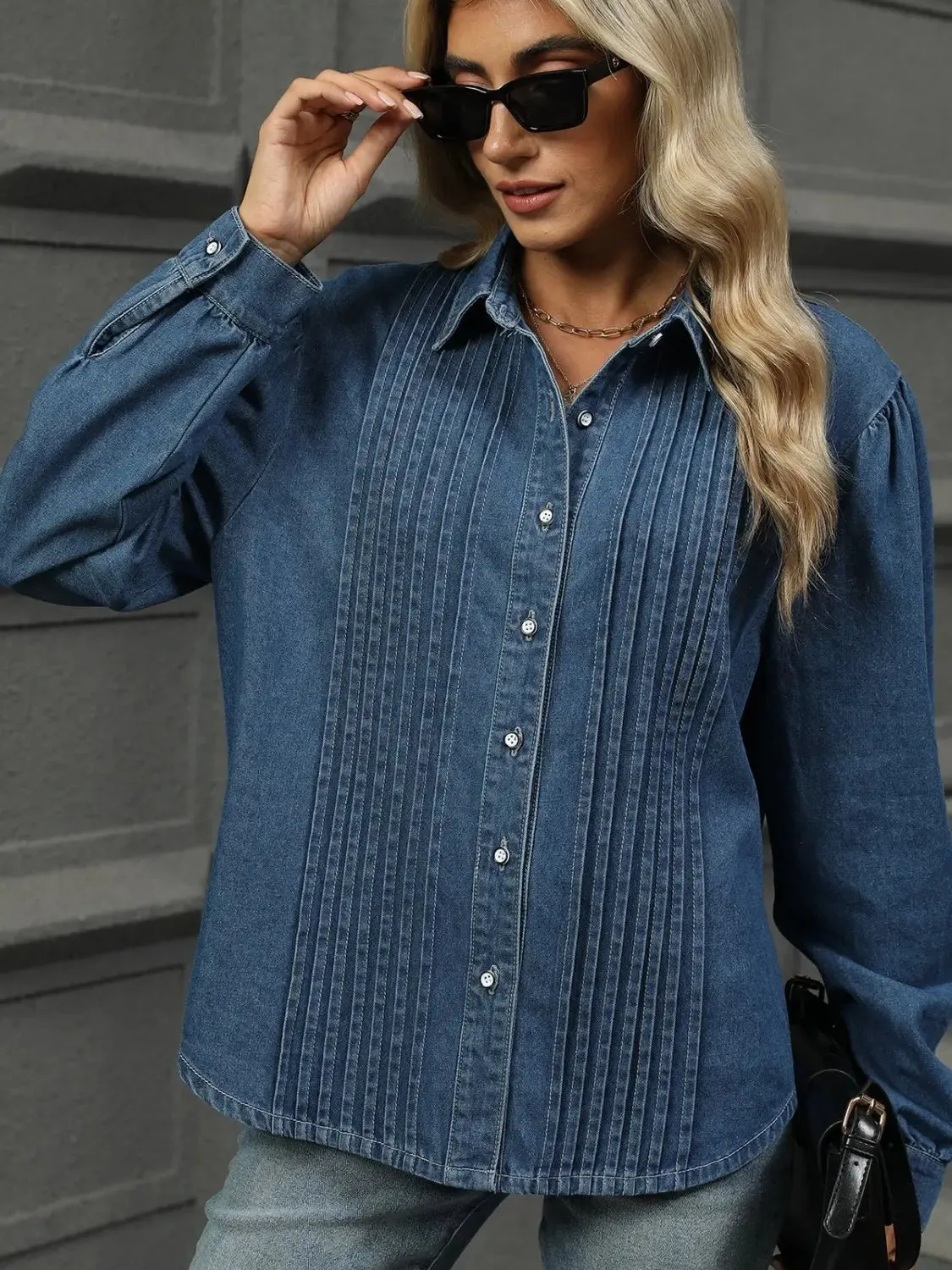 Button Down Collared Long Denim Top