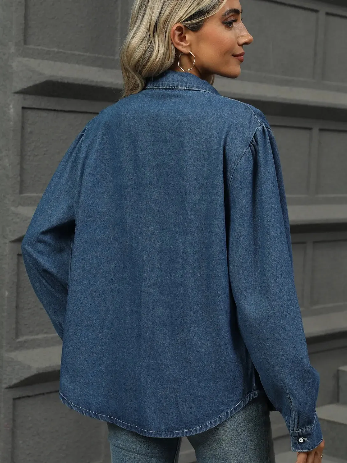 Button Down Collared Long Denim Top