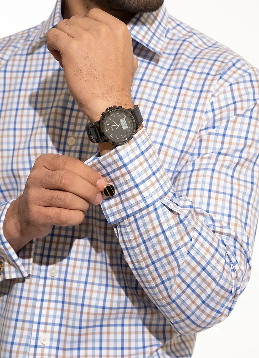 Checks-Blue and Gold on White Base, Supernova Gold, Formal Shirt