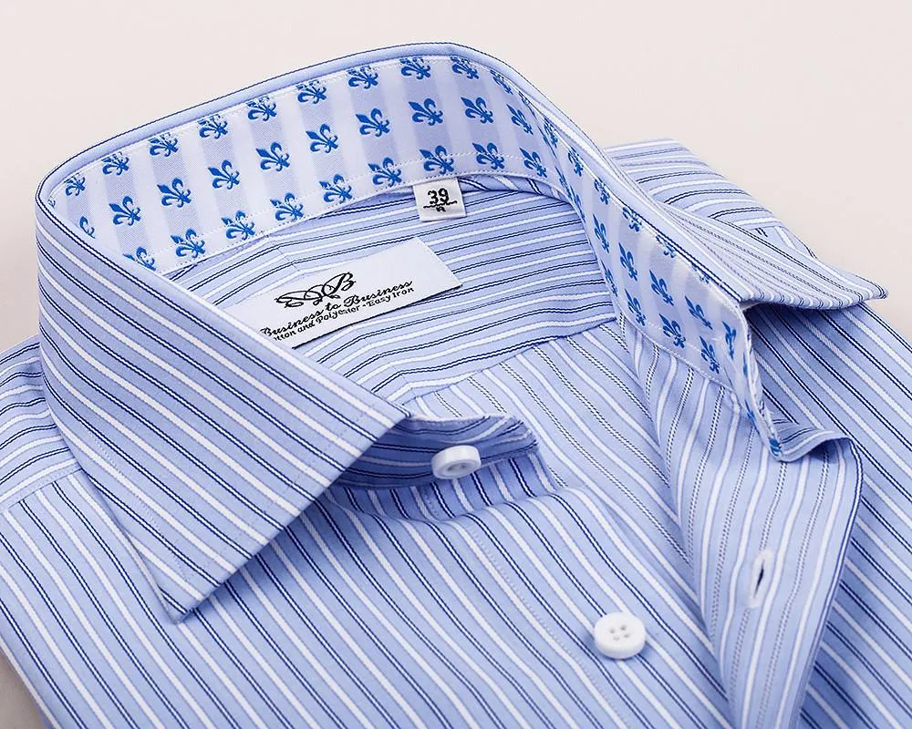 Double Blue Striped Formal Business Dress Shirt Fleur-De-Lis Floral French Cuff Fashion