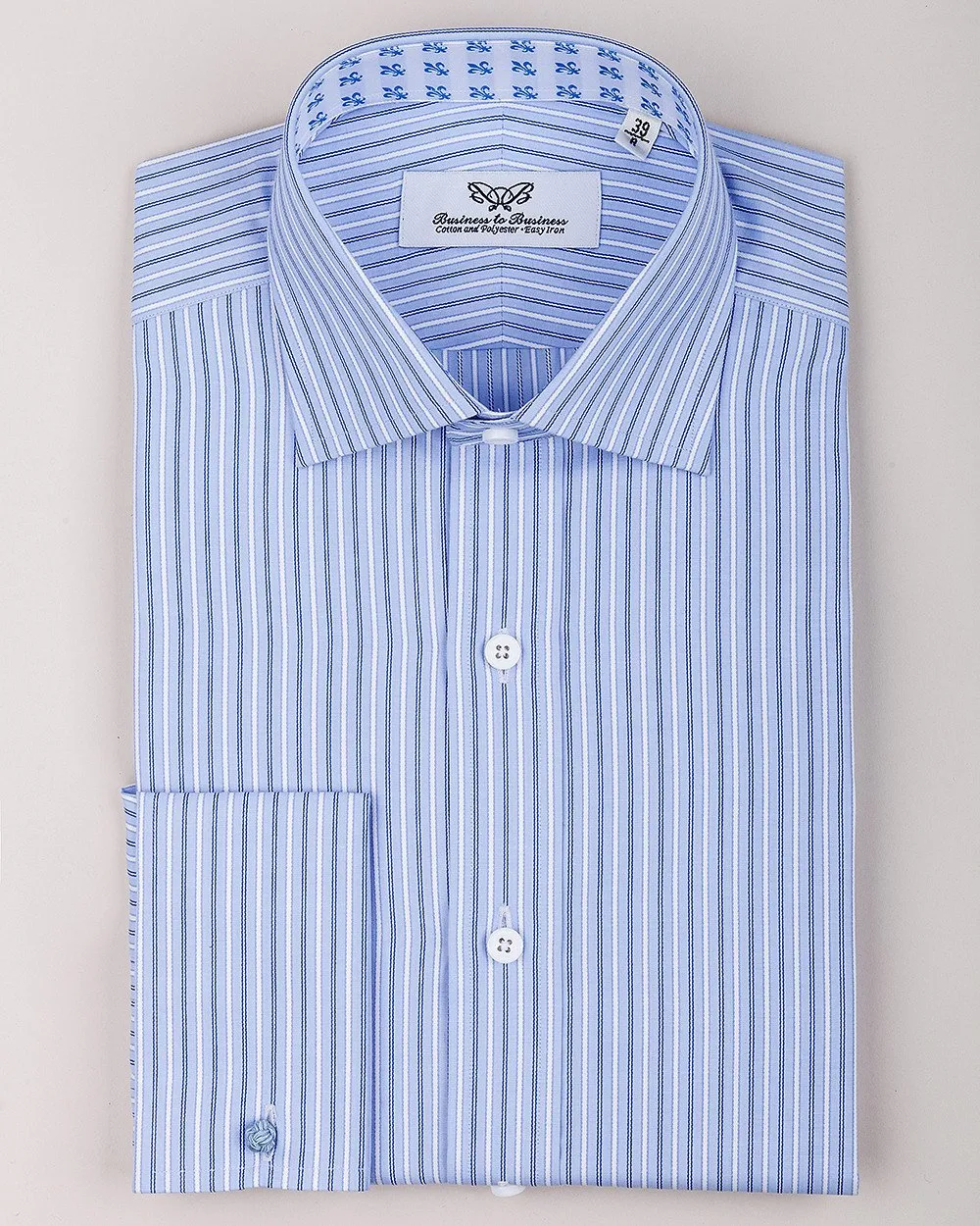 Double Blue Striped Formal Business Dress Shirt Fleur-De-Lis Floral French Cuff Fashion