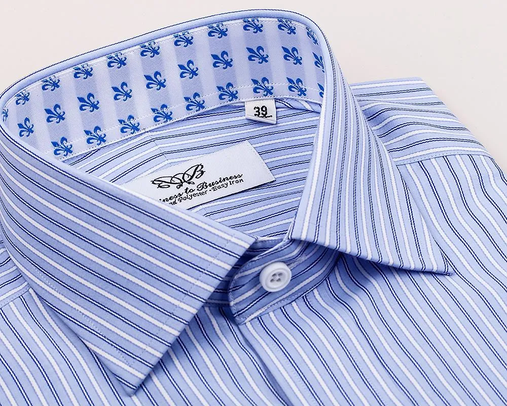 Double Blue Striped Formal Business Dress Shirt Fleur-De-Lis Floral French Cuff Fashion