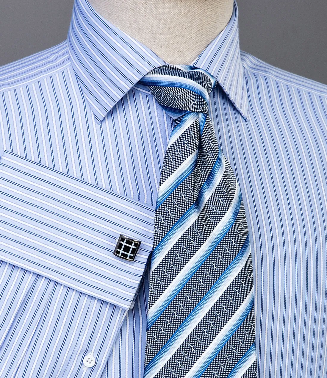 Double Blue Striped Formal Business Dress Shirt Fleur-De-Lis Floral French Cuff Fashion