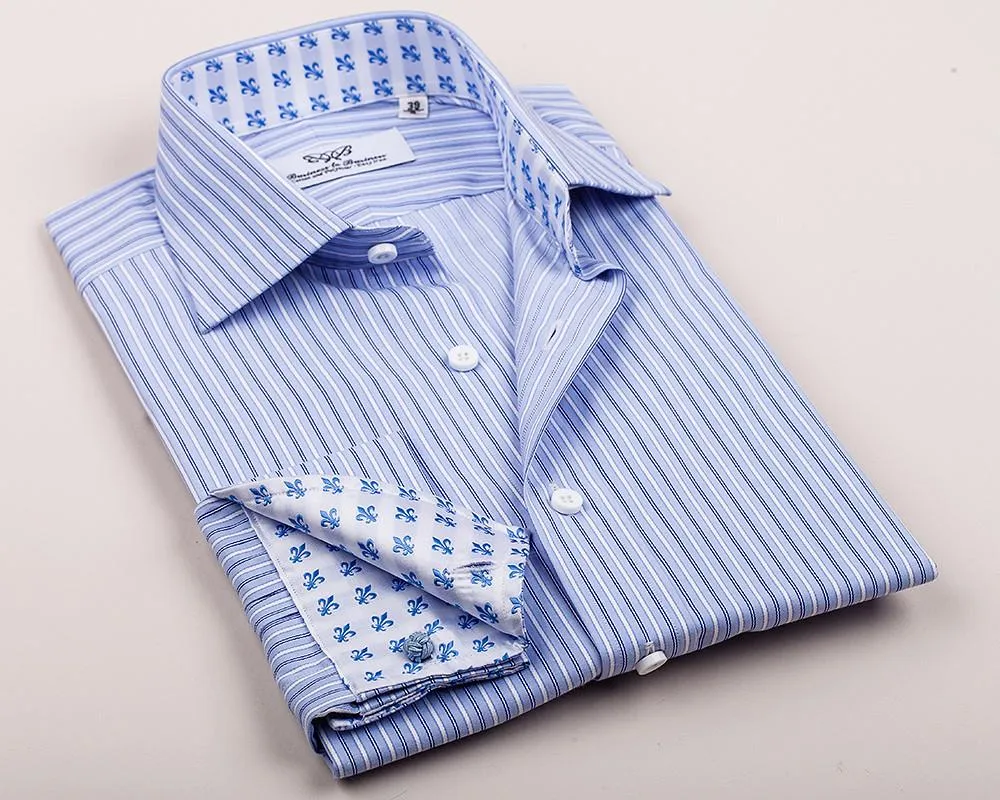 Double Blue Striped Formal Business Dress Shirt Fleur-De-Lis Floral French Cuff Fashion
