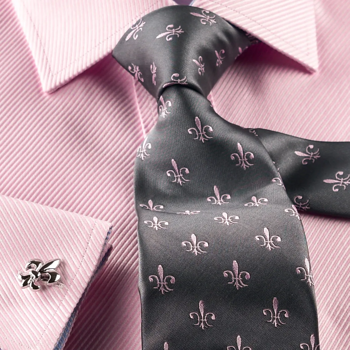 Elegant Purple Blue Check WIth Blue Fleur-De-Lis Dress Shirt French Cuffs Design