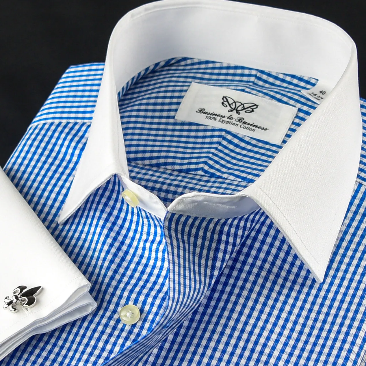 Elegant Purple Blue Check WIth Blue Fleur-De-Lis Dress Shirt French Cuffs Design