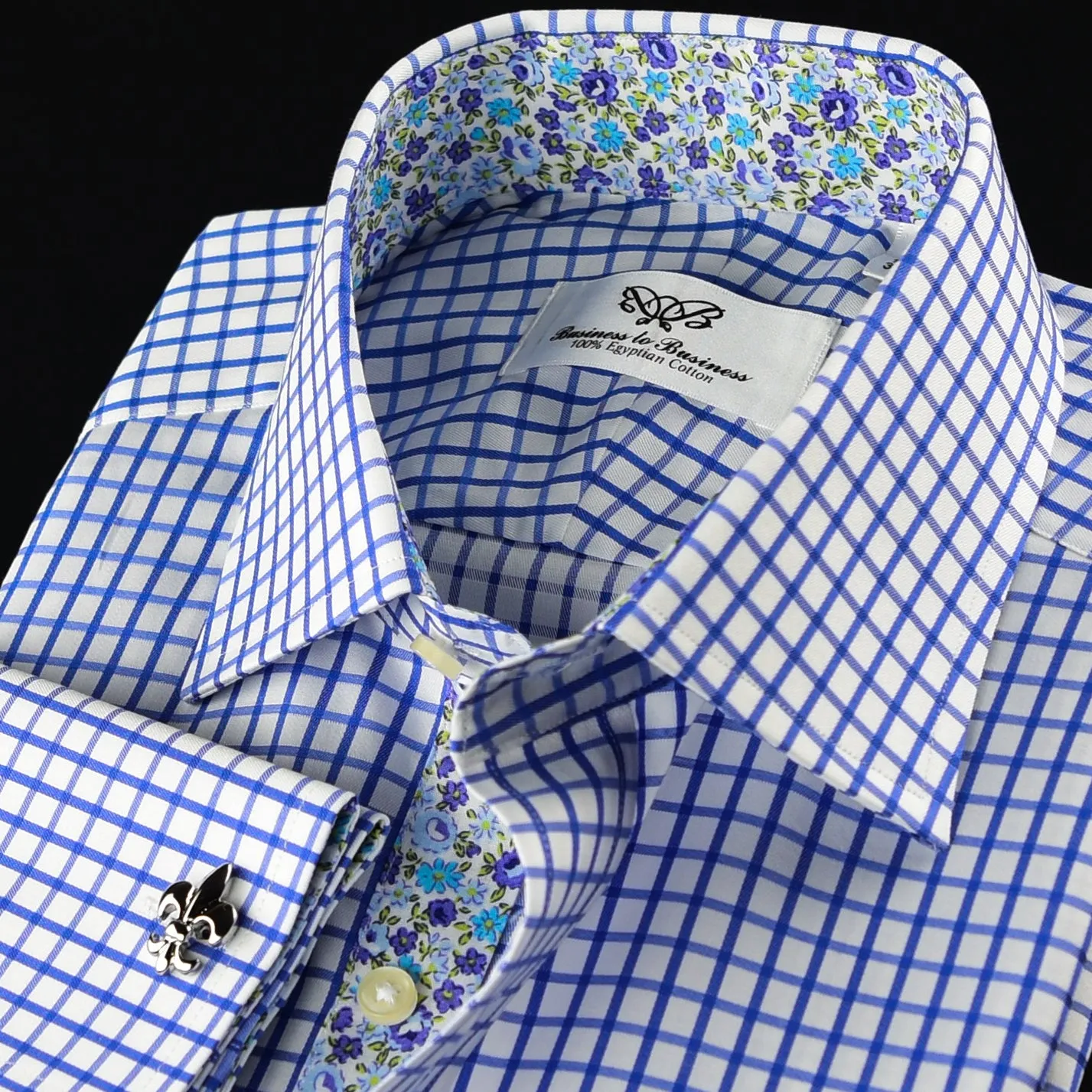 Elegant Purple Blue Check WIth Blue Fleur-De-Lis Dress Shirt French Cuffs Design