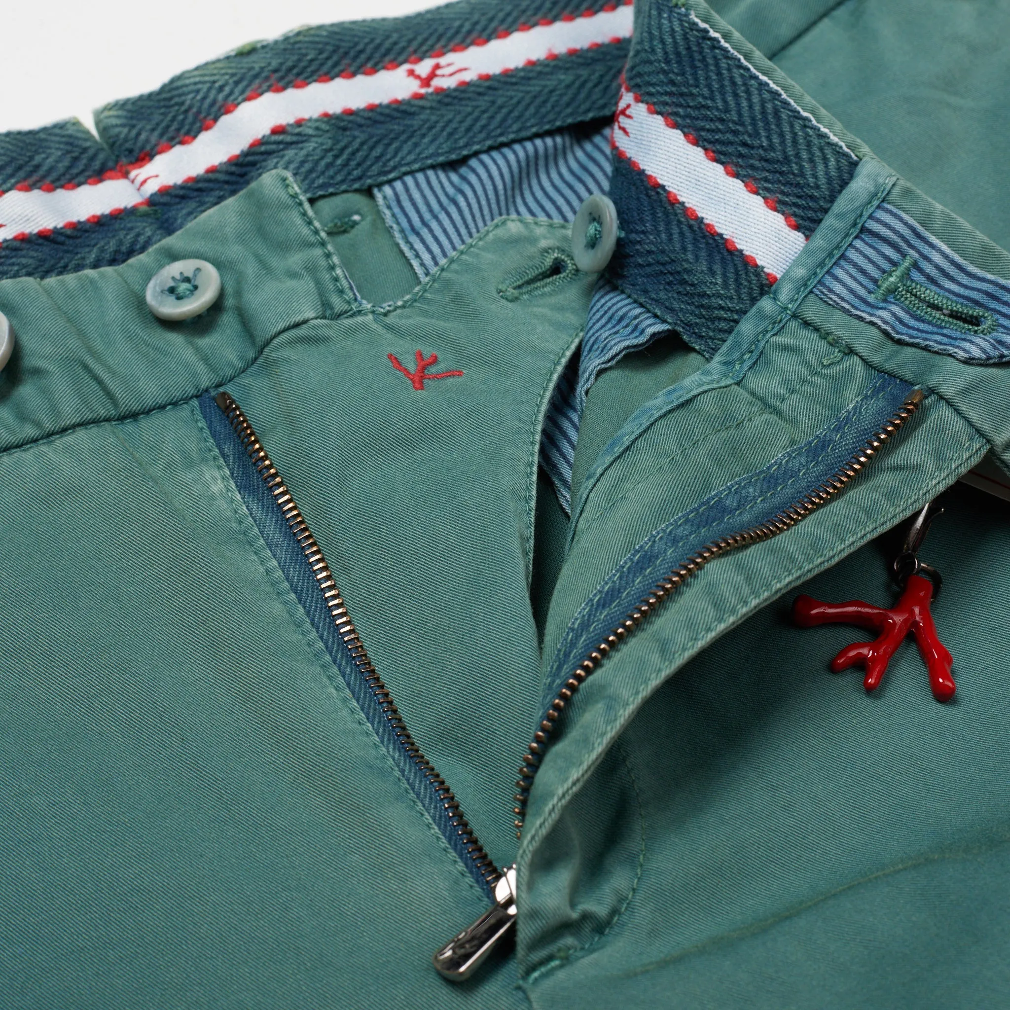 ISAIA Napoli "Tinto Slim" Green Twill Cotton Flat Front Pants NEW Slim Fit