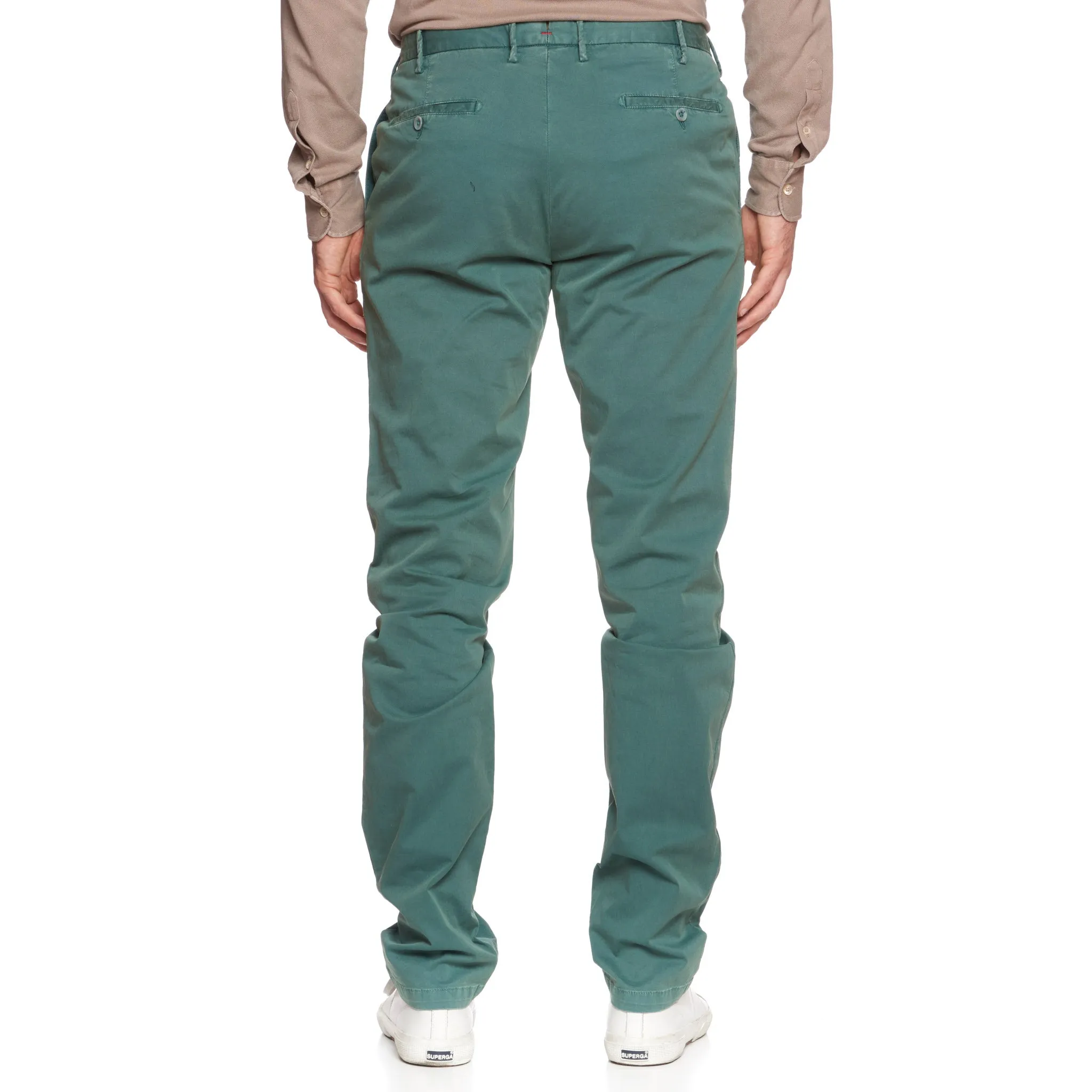 ISAIA Napoli "Tinto Slim" Green Twill Cotton Flat Front Pants NEW Slim Fit