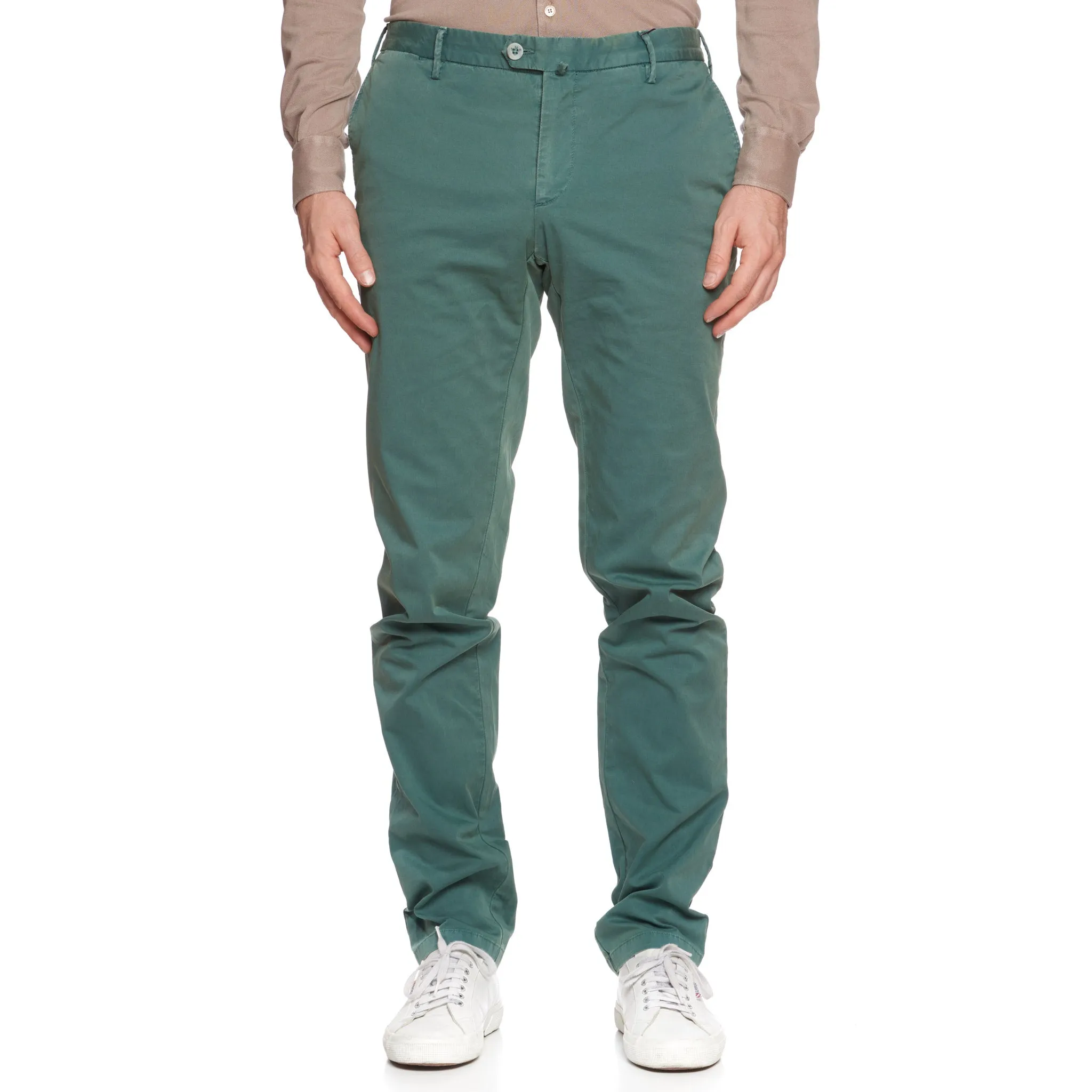 ISAIA Napoli "Tinto Slim" Green Twill Cotton Flat Front Pants NEW Slim Fit