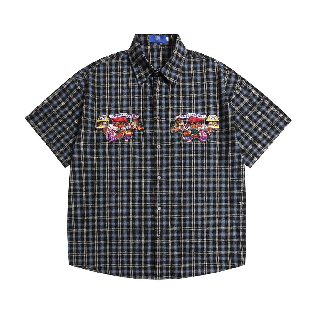 Little Bear Embroidery Plaid Short Sleeve Shirts - Retro Casual Loose Cotton Shirts