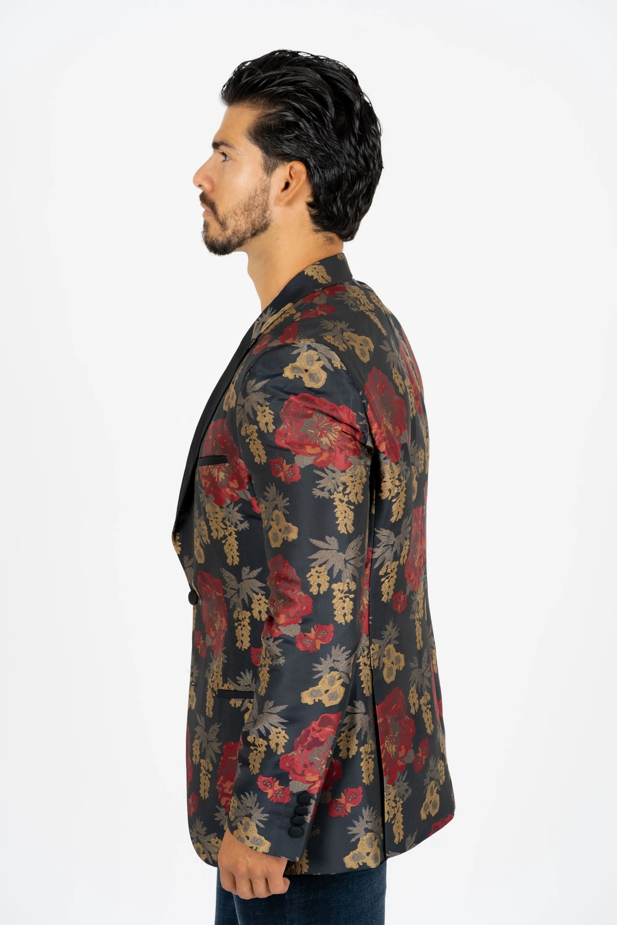 Men's Double Button Dark Blue Woven Printed Blazer