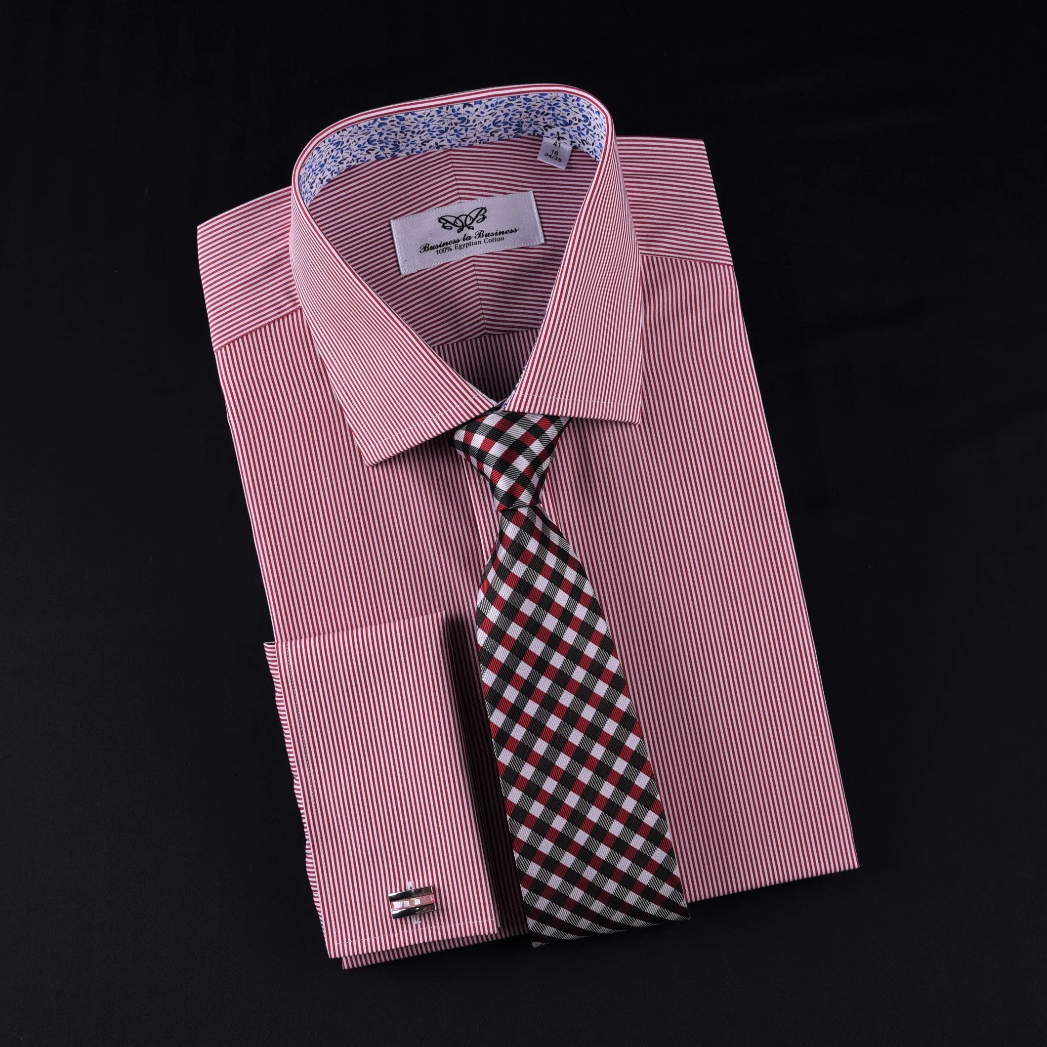Mini Red Hairline Stripes Formal Business Dress Shirt Blue Floral Designer Style in French Cuff with Spread Collar