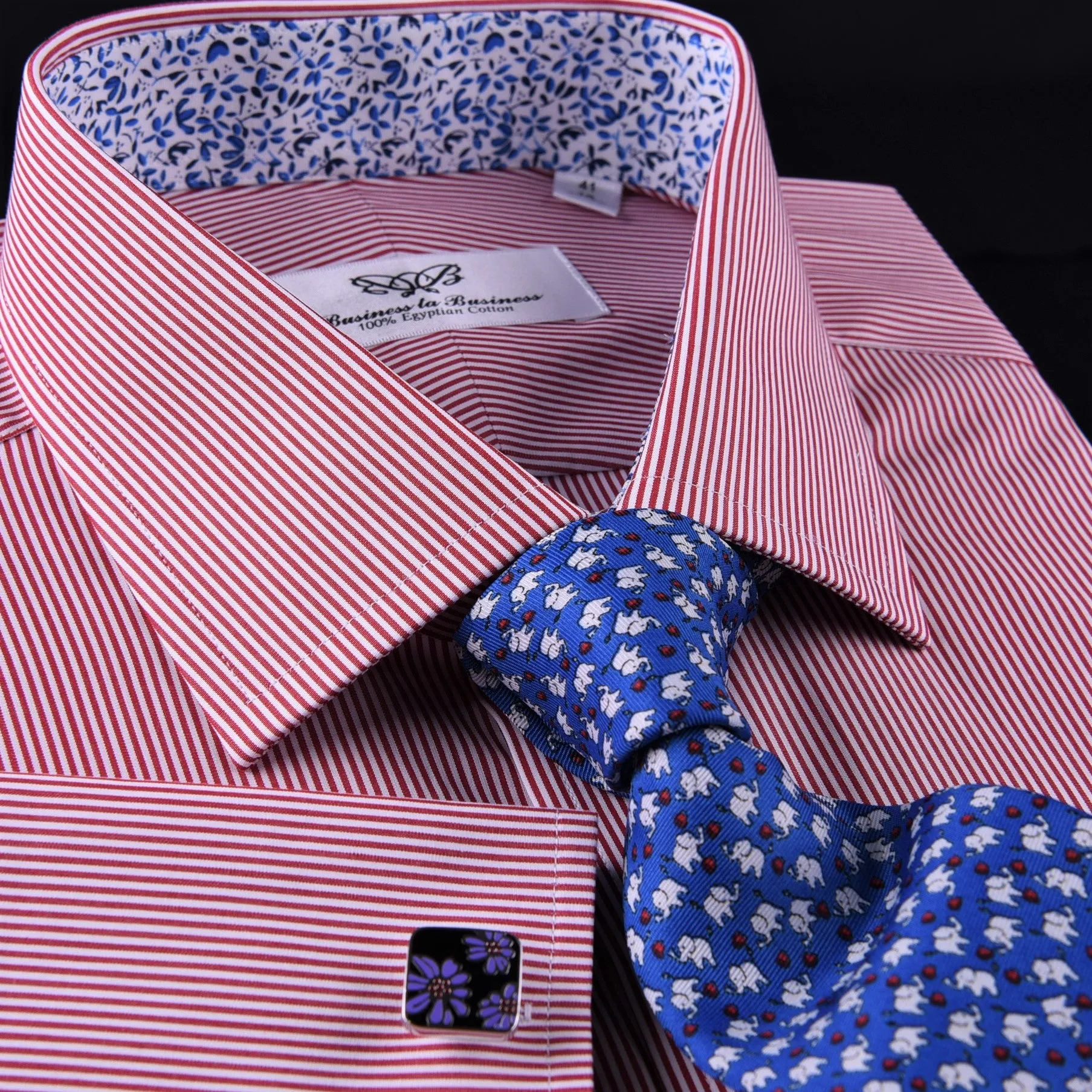 Mini Red Hairline Stripes Formal Business Dress Shirt Blue Floral Designer Style in French Cuff with Spread Collar