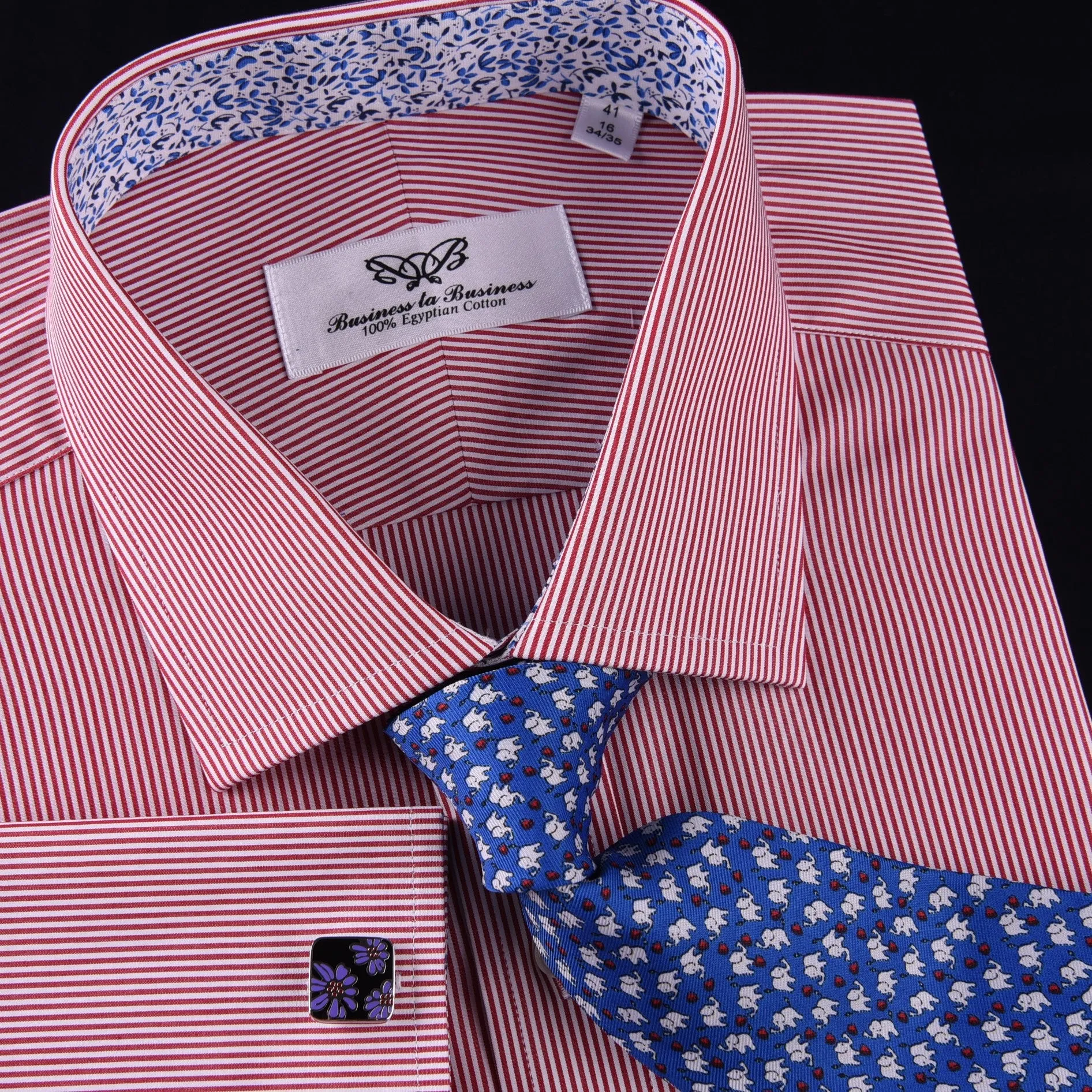 Mini Red Hairline Stripes Formal Business Dress Shirt Blue Floral Designer Style in French Cuff with Spread Collar