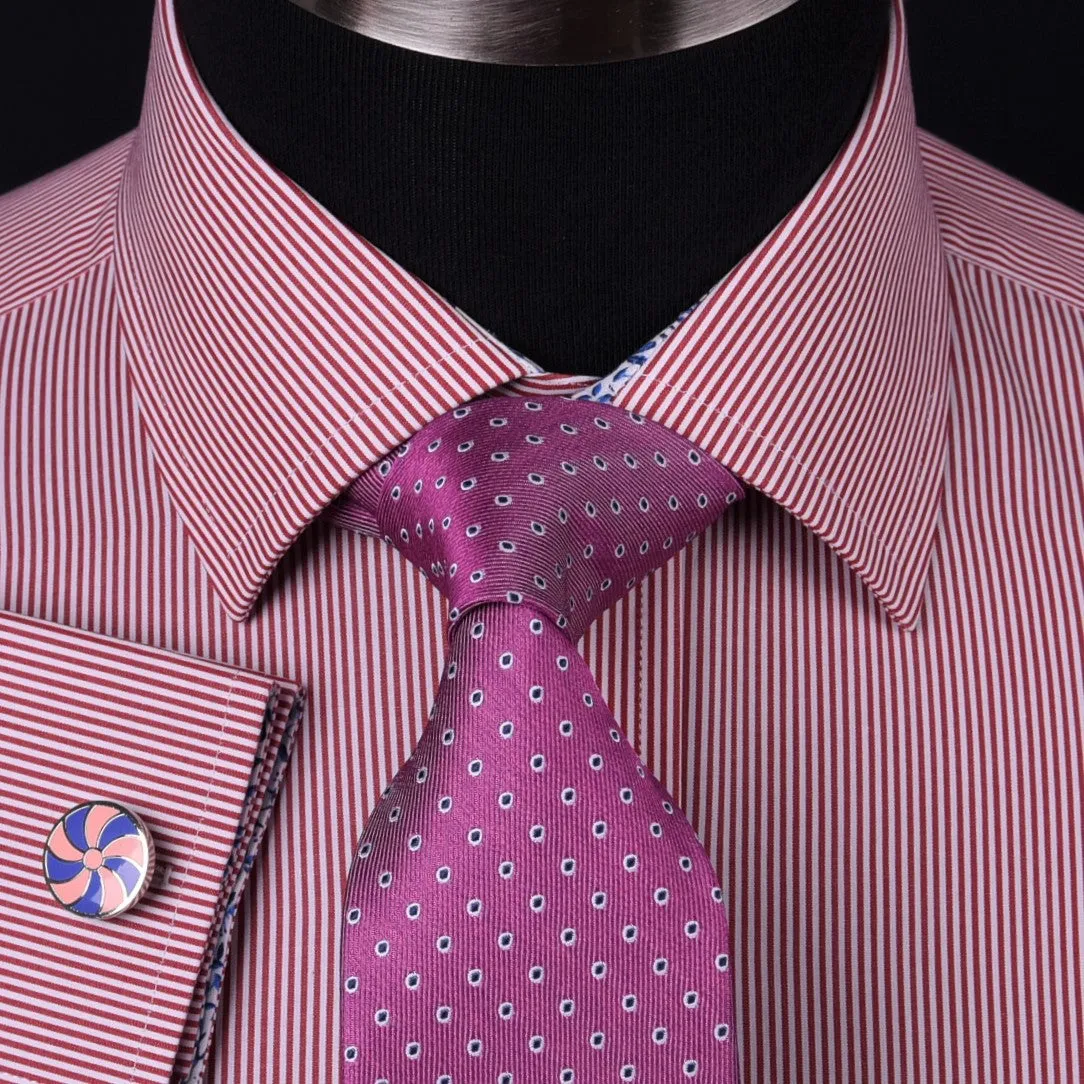 Mini Red Hairline Stripes Formal Business Dress Shirt Blue Floral Designer Style in French Cuff with Spread Collar