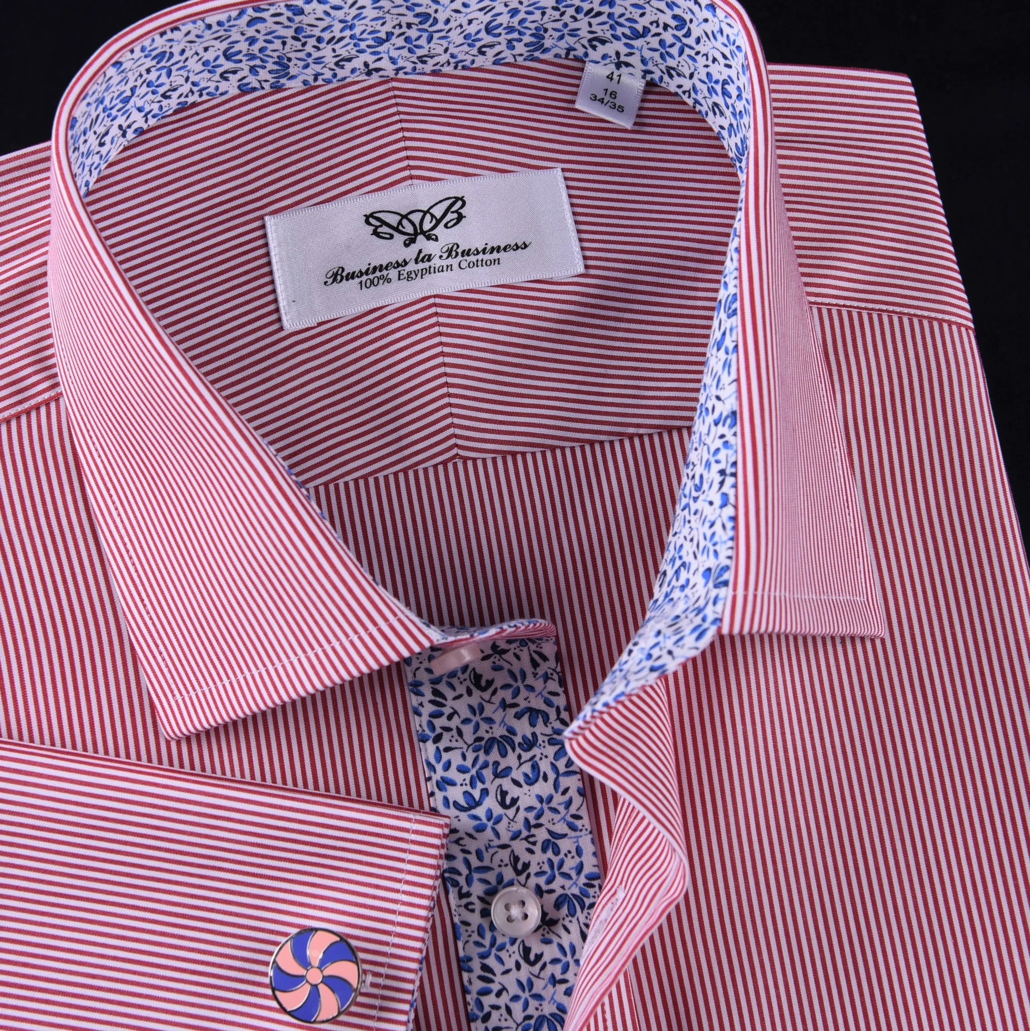 Mini Red Hairline Stripes Formal Business Dress Shirt Blue Floral Designer Style in French Cuff with Spread Collar