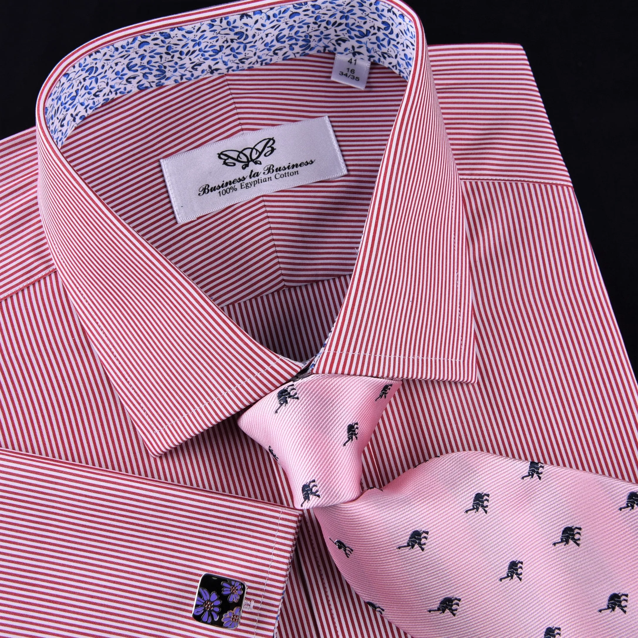 Mini Red Hairline Stripes Formal Business Dress Shirt Blue Floral Designer Style in French Cuff with Spread Collar
