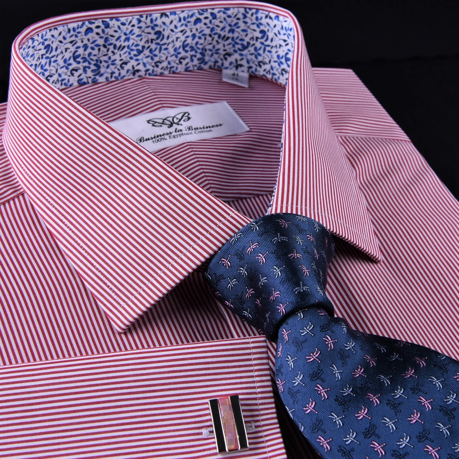 Mini Red Hairline Stripes Formal Business Dress Shirt Blue Floral Designer Style in French Cuff with Spread Collar