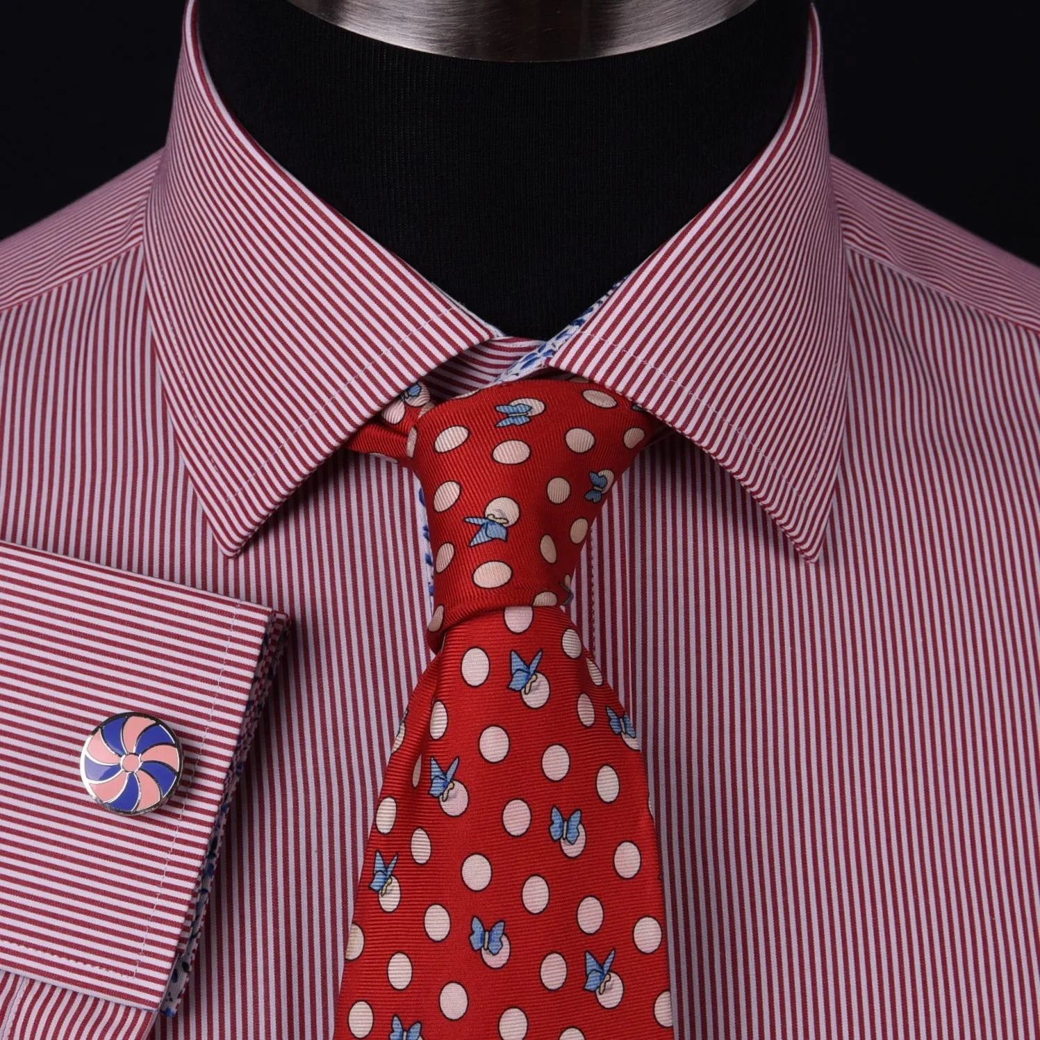 Mini Red Hairline Stripes Formal Business Dress Shirt Blue Floral Designer Style in French Cuff with Spread Collar