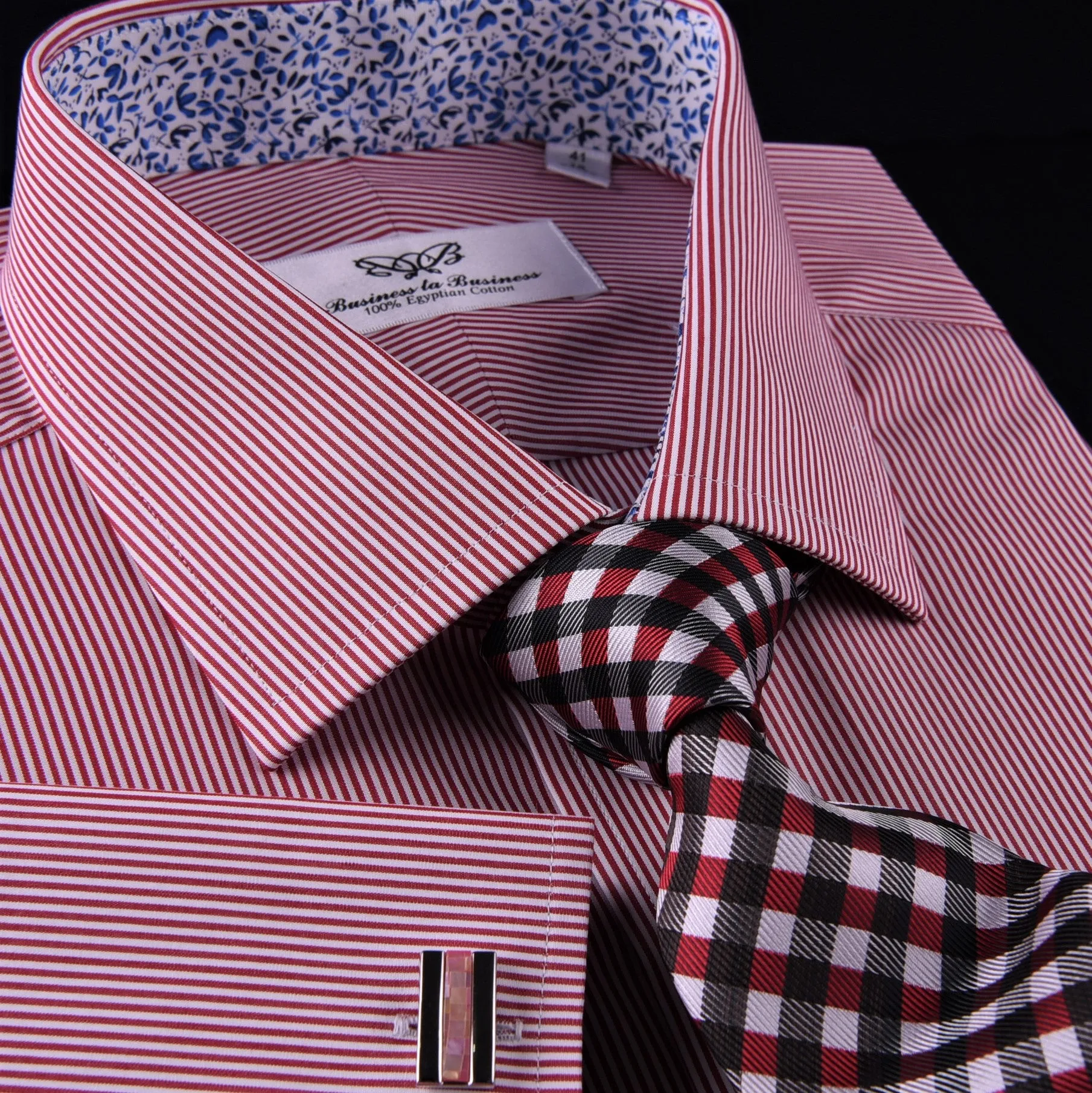 Mini Red Hairline Stripes Formal Business Dress Shirt Blue Floral Designer Style in French Cuff with Spread Collar