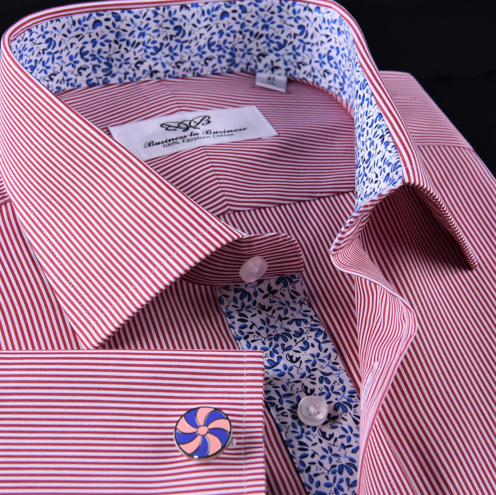 Mini Red Hairline Stripes Formal Business Dress Shirt Blue Floral Designer Style in French Cuff with Spread Collar