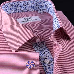 Mini Red Hairline Stripes Formal Business Dress Shirt Blue Floral Designer Style in French Cuff with Spread Collar