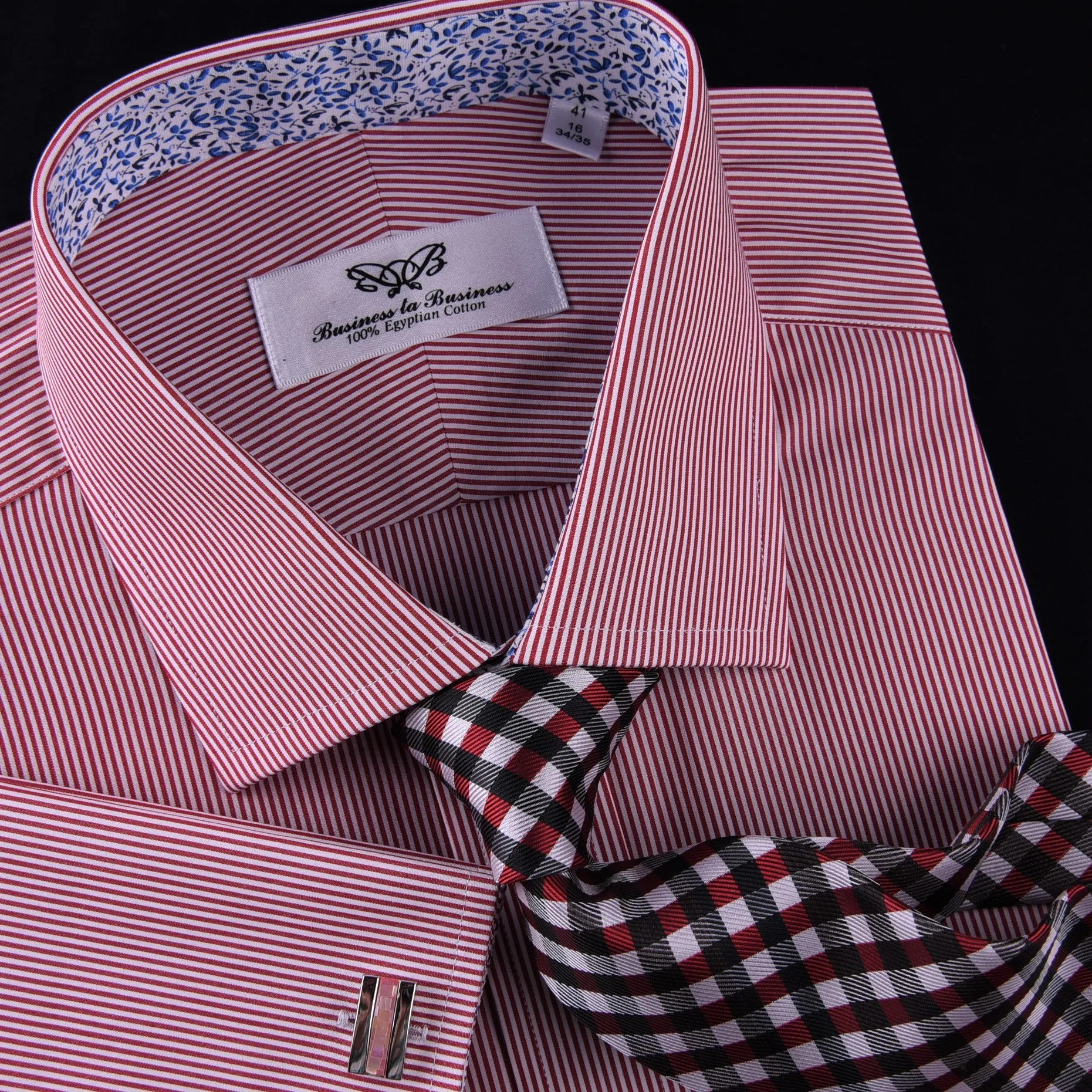 Mini Red Hairline Stripes Formal Business Dress Shirt Blue Floral Designer Style in French Cuff with Spread Collar