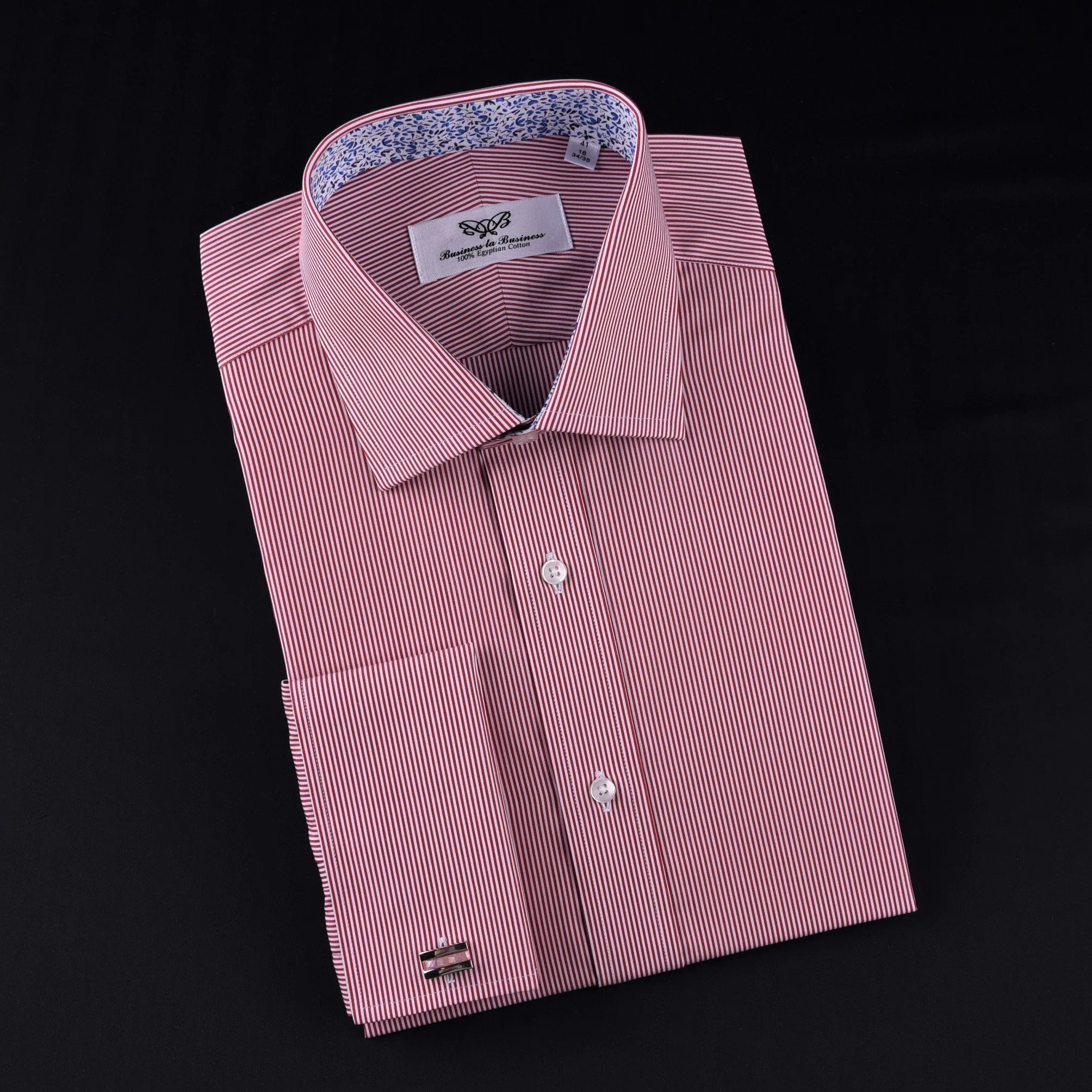 Mini Red Hairline Stripes Formal Business Dress Shirt Blue Floral Designer Style in French Cuff with Spread Collar