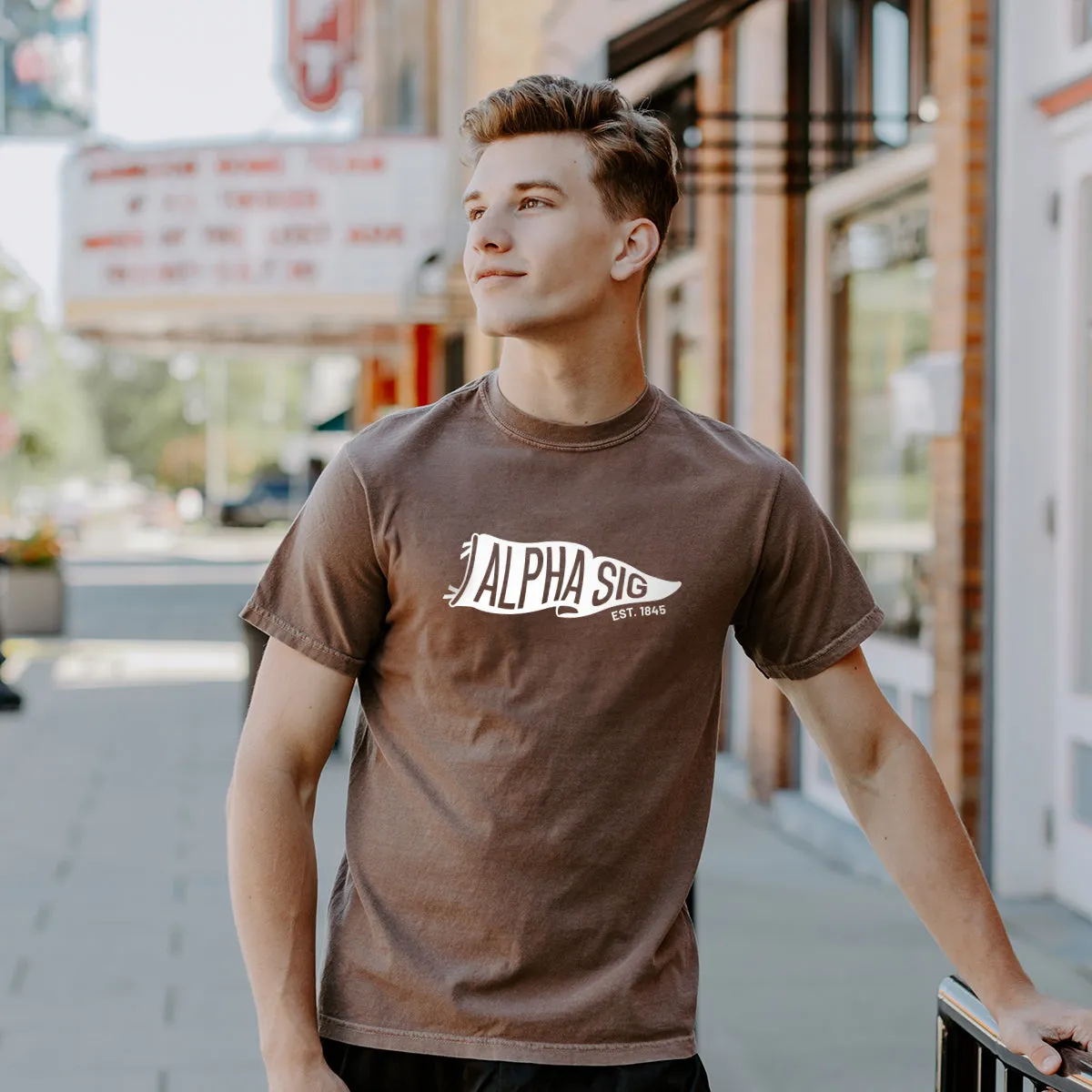 New! Alpha Sig Comfort Colors Brown Pennant Short Sleeve Tee