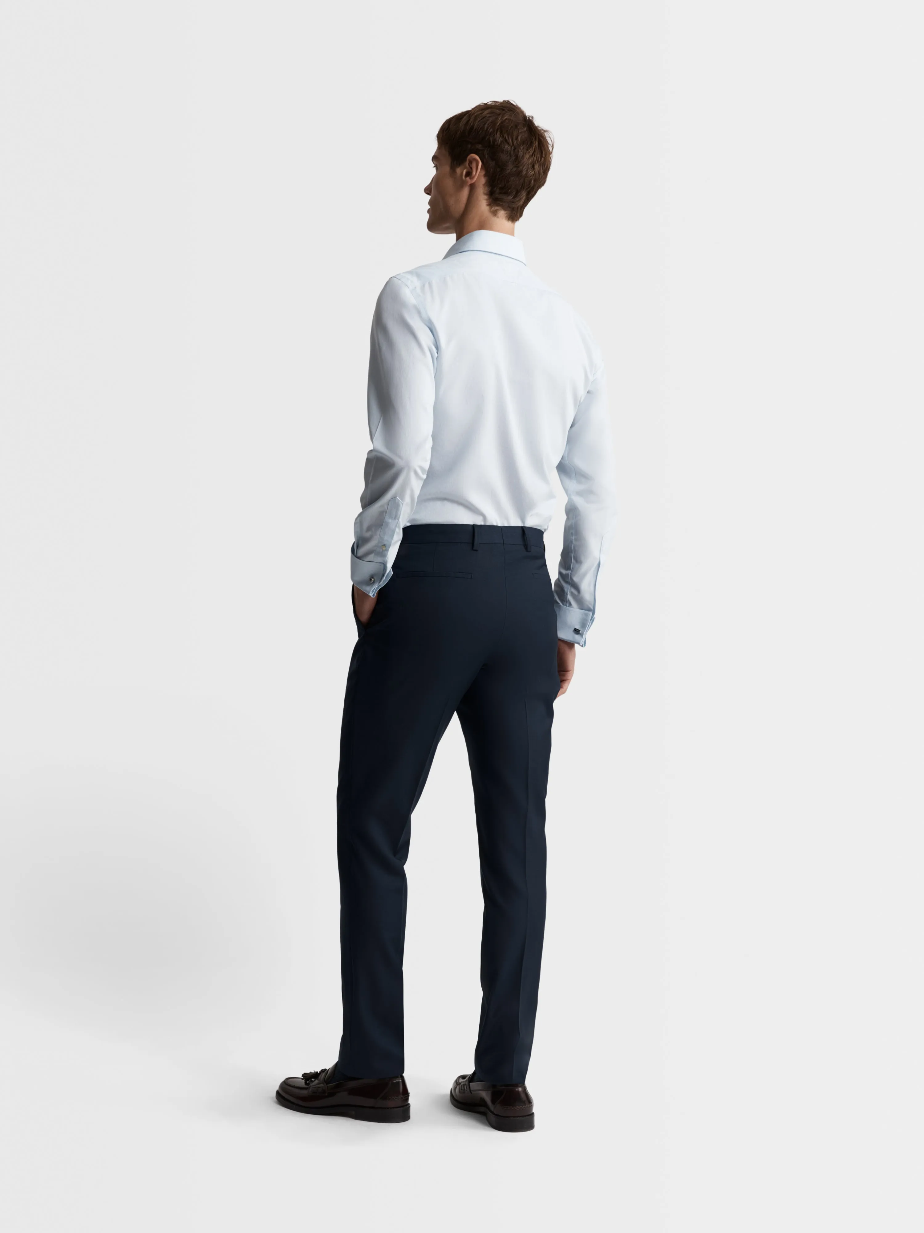 Non-Iron Blue Micro Pinstripe Plain Weave Fitted Dual Cuff Semi-Cutaway Shirt