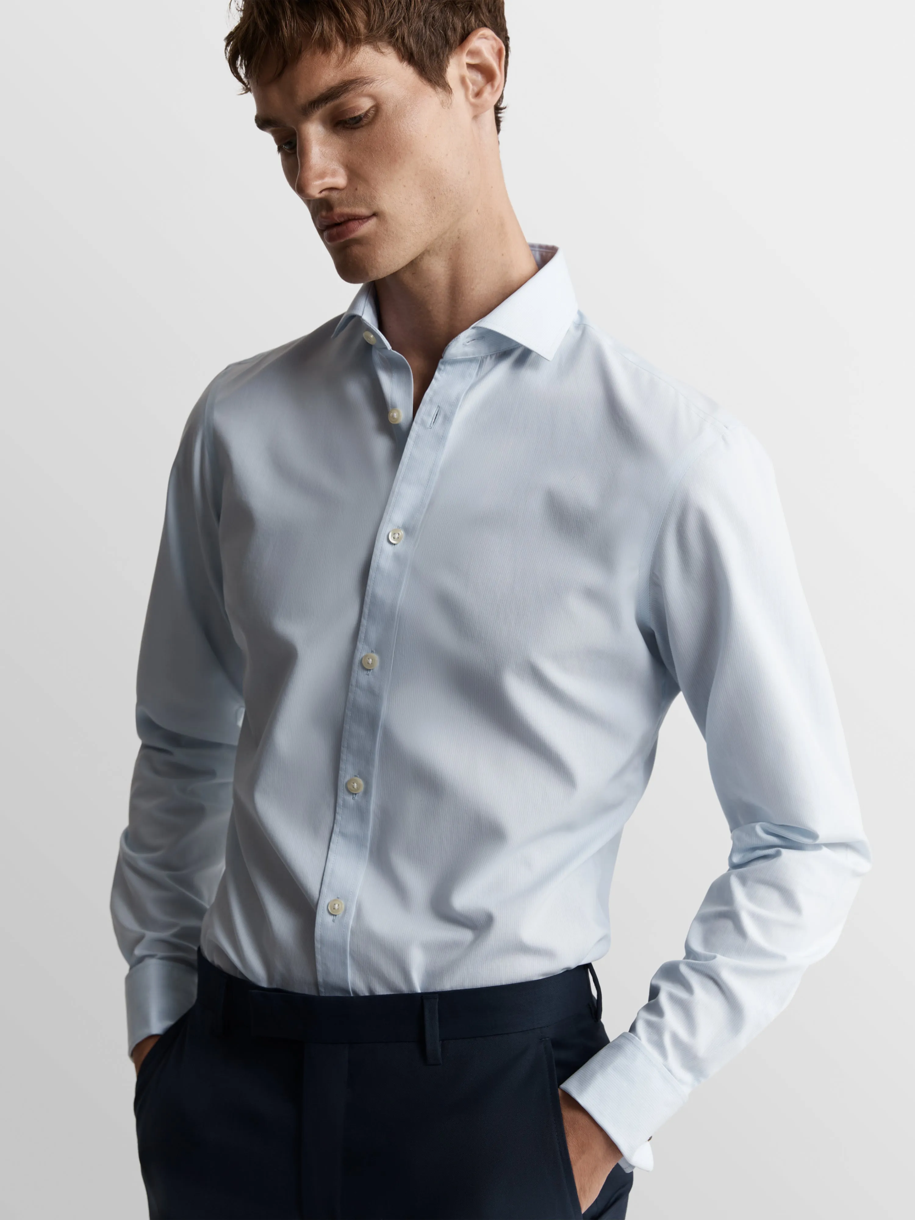 Non-Iron Blue Micro Pinstripe Plain Weave Fitted Dual Cuff Semi-Cutaway Shirt