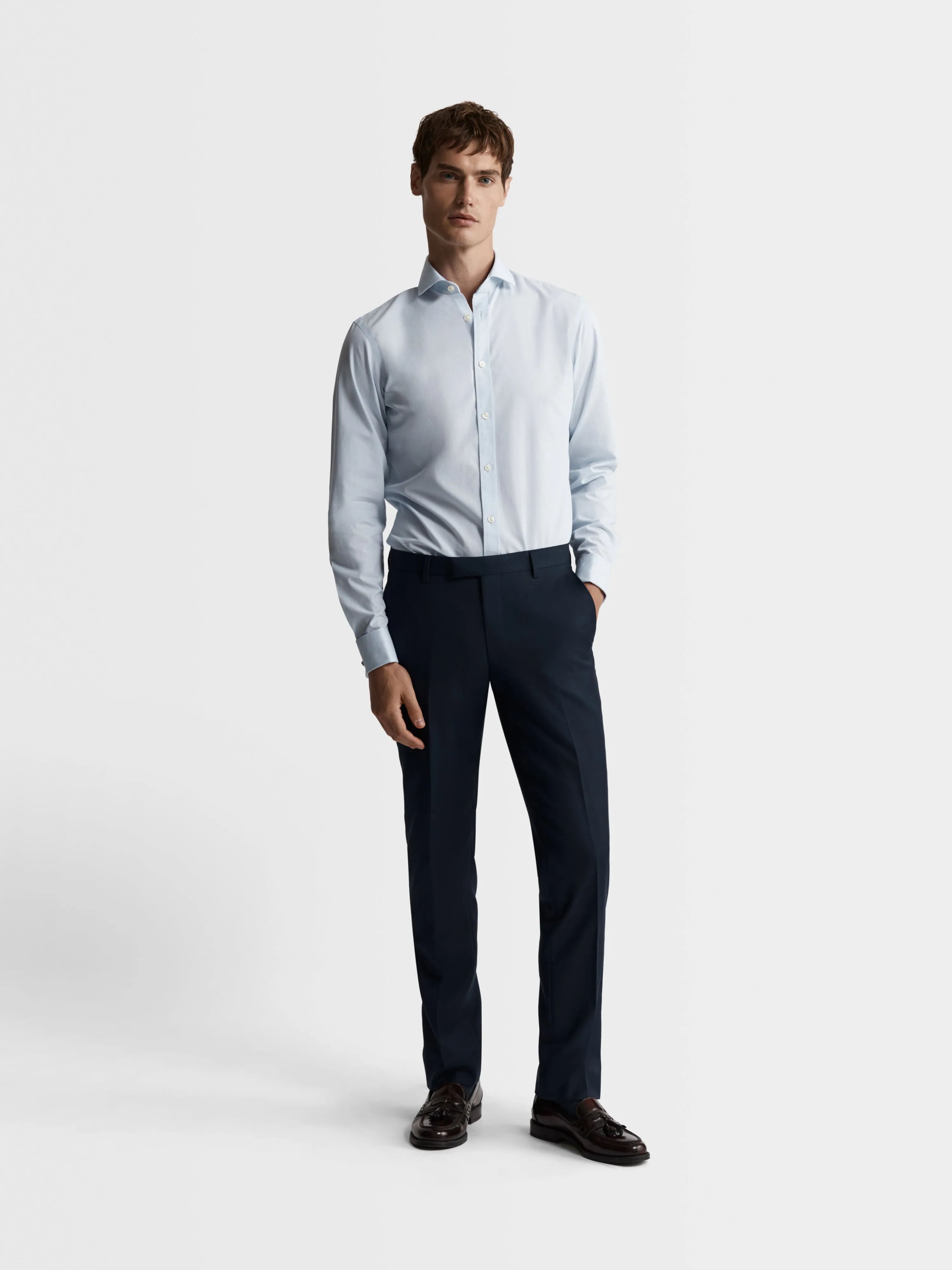 Non-Iron Blue Micro Pinstripe Plain Weave Fitted Dual Cuff Semi-Cutaway Shirt