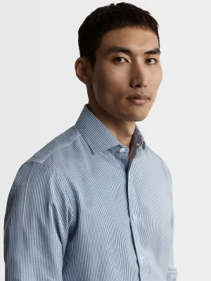 Non-Iron Navy Blue Bengal Stripe Twill Slim Fit Dual Cuff Classic Collar Shirt