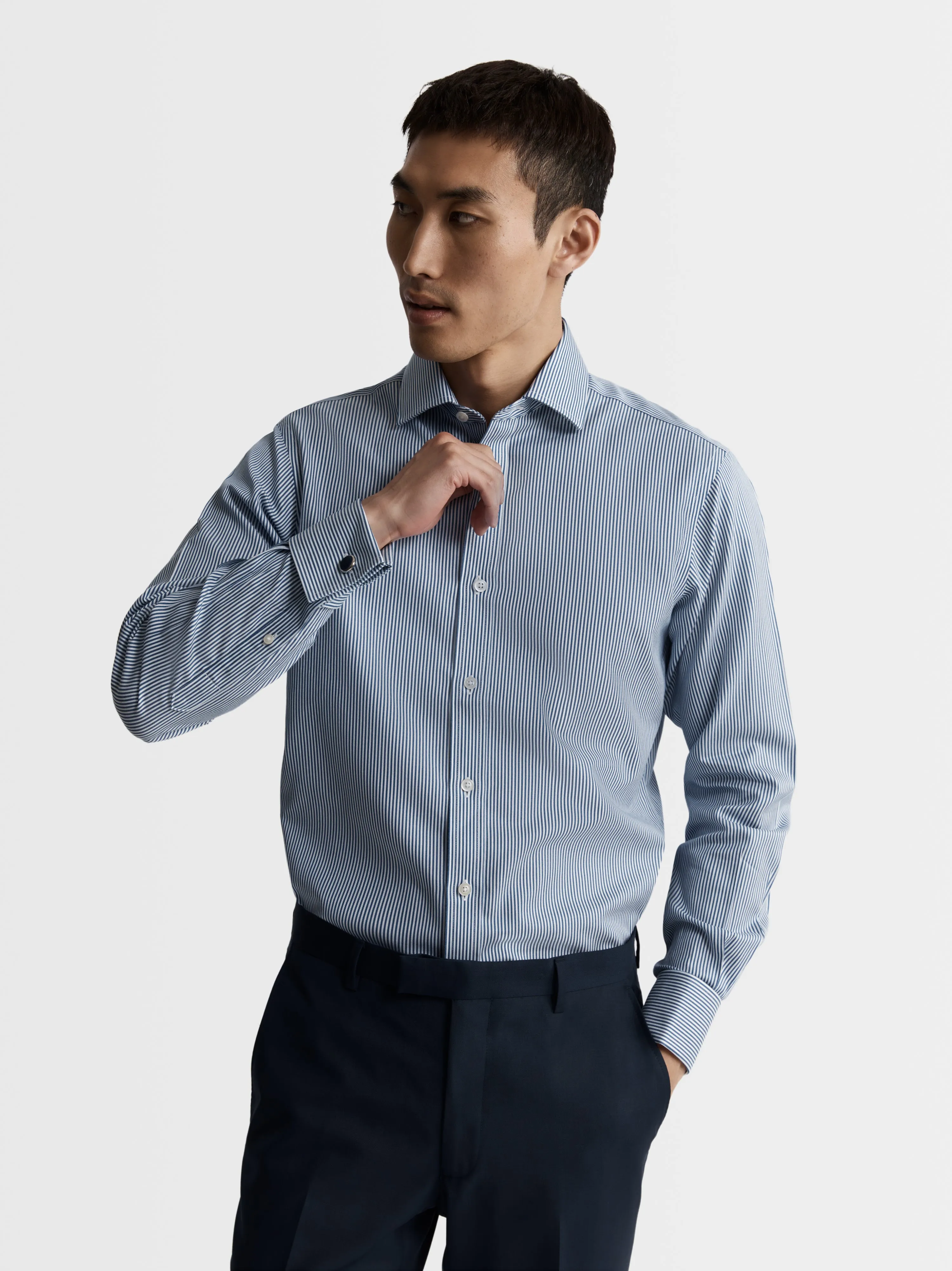 Non-Iron Navy Blue Bengal Stripe Twill Slim Fit Dual Cuff Classic Collar Shirt