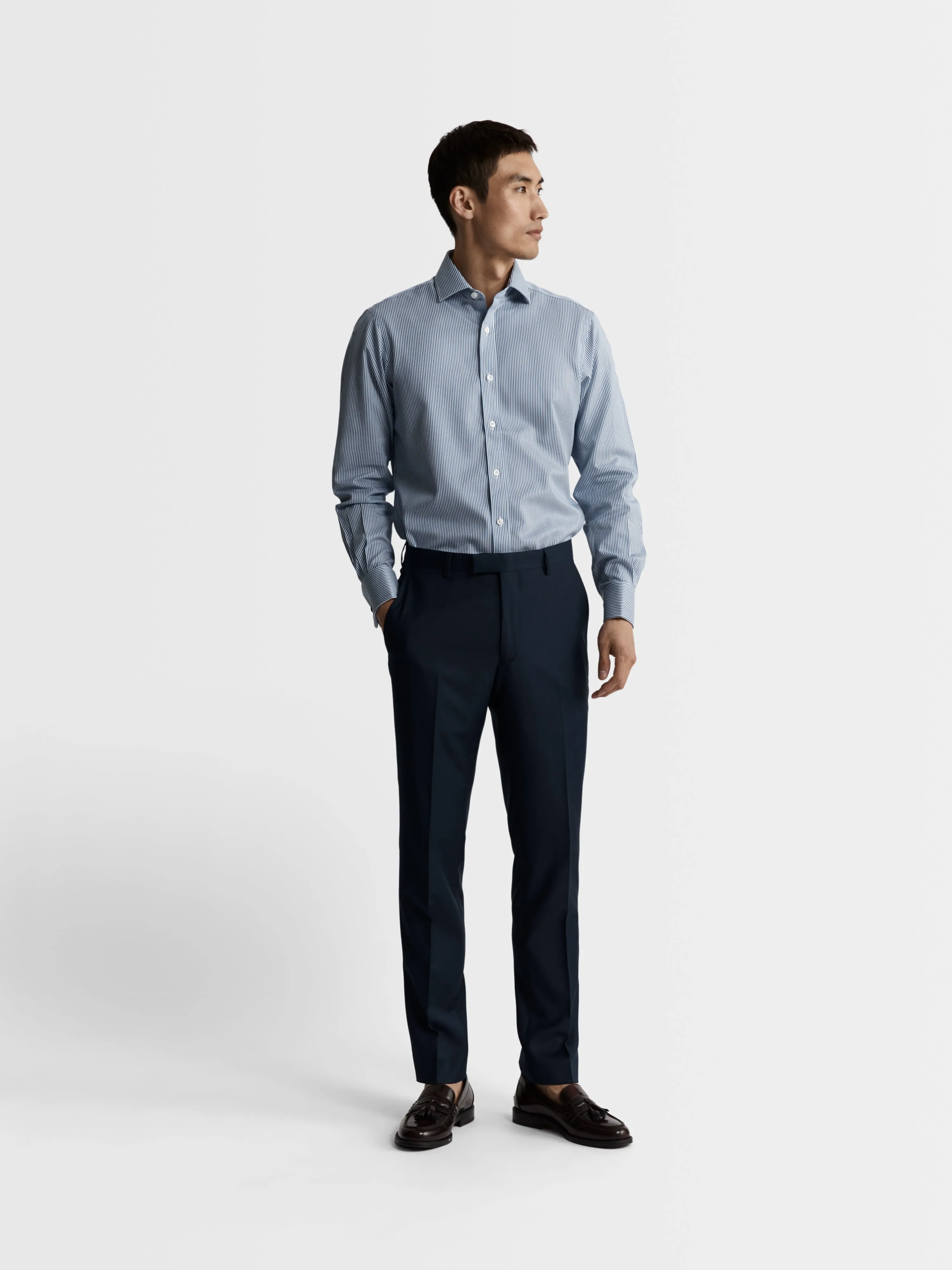 Non-Iron Navy Blue Bengal Stripe Twill Slim Fit Dual Cuff Classic Collar Shirt