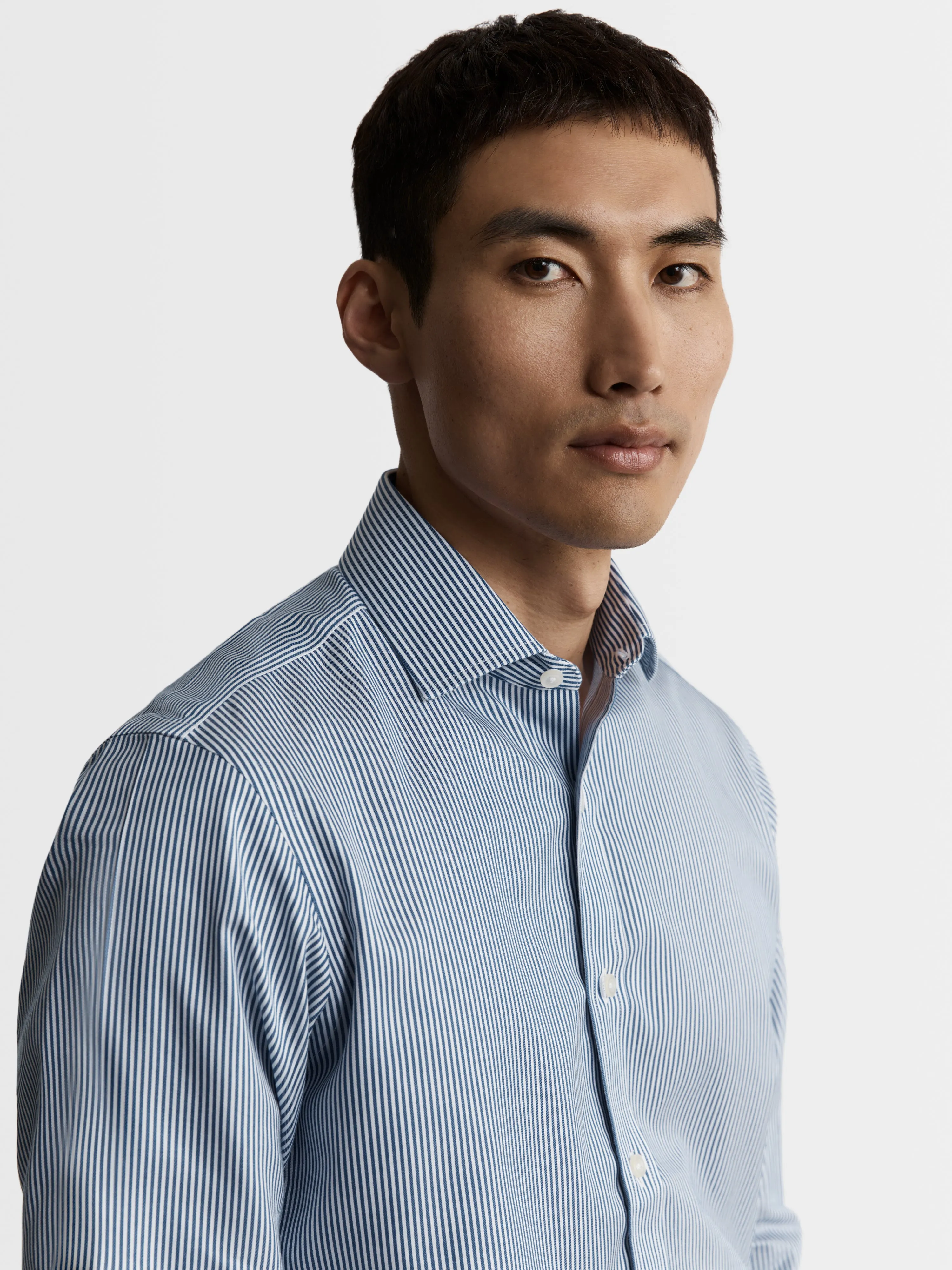Non-Iron Navy Blue Bengal Stripe Twill Slim Fit Dual Cuff Classic Collar Shirt