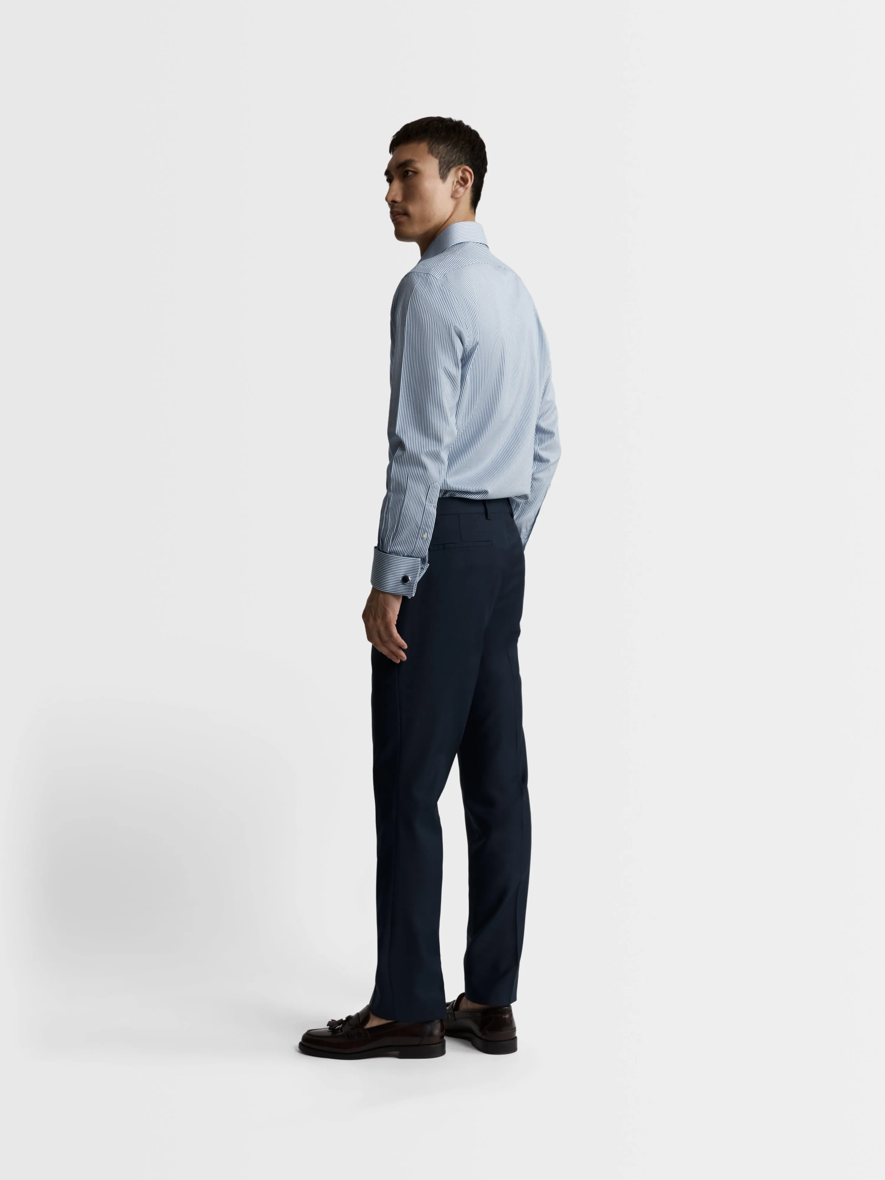 Non-Iron Navy Blue Bengal Stripe Twill Slim Fit Dual Cuff Classic Collar Shirt