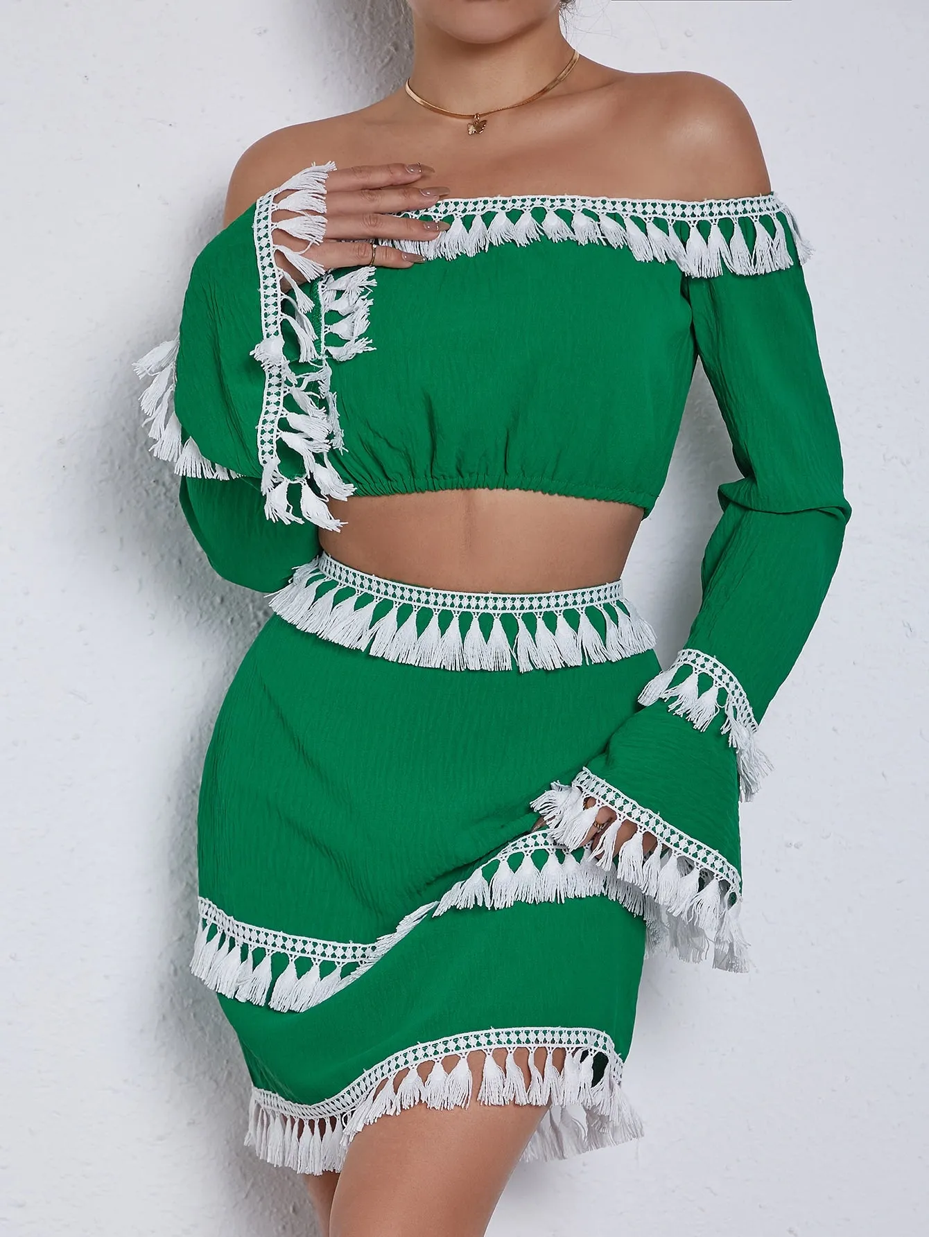 Off Shoulder Tassel Trim Flounce Sleeve Top Skirt Set