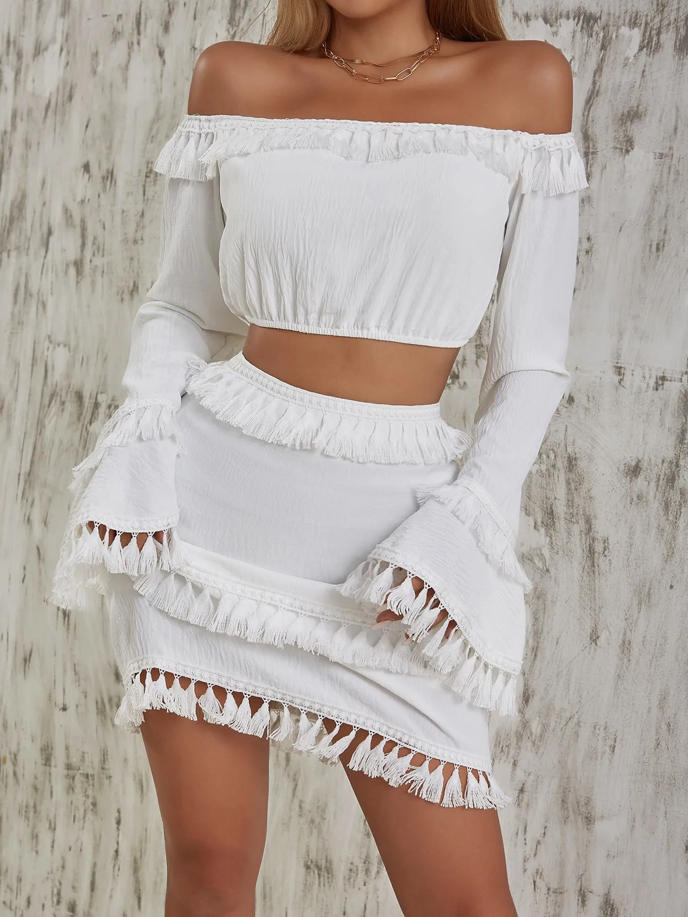 Off Shoulder Tassel Trim Flounce Sleeve Top Skirt Set