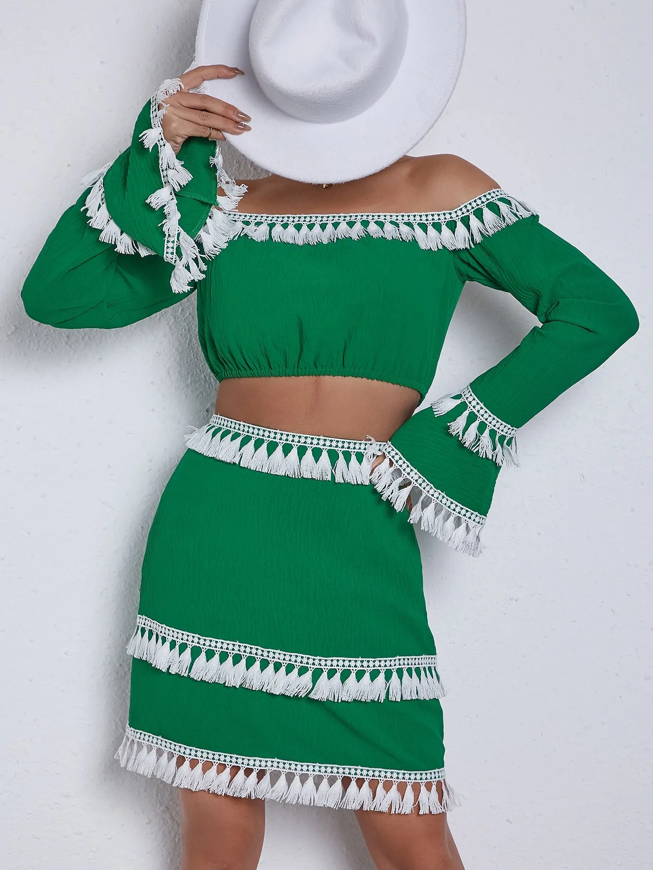Off Shoulder Tassel Trim Flounce Sleeve Top Skirt Set