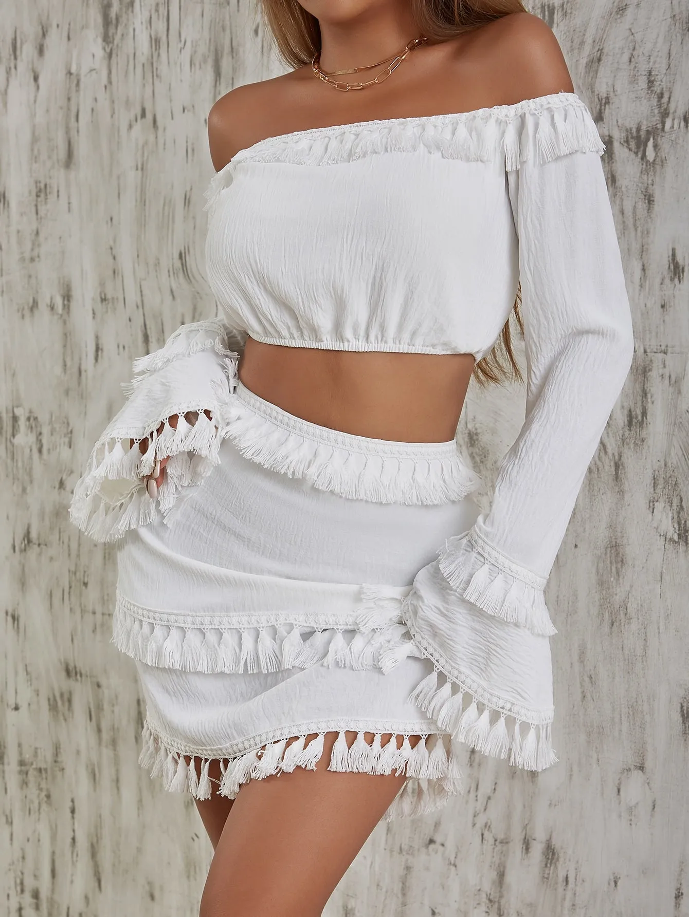 Off Shoulder Tassel Trim Flounce Sleeve Top Skirt Set